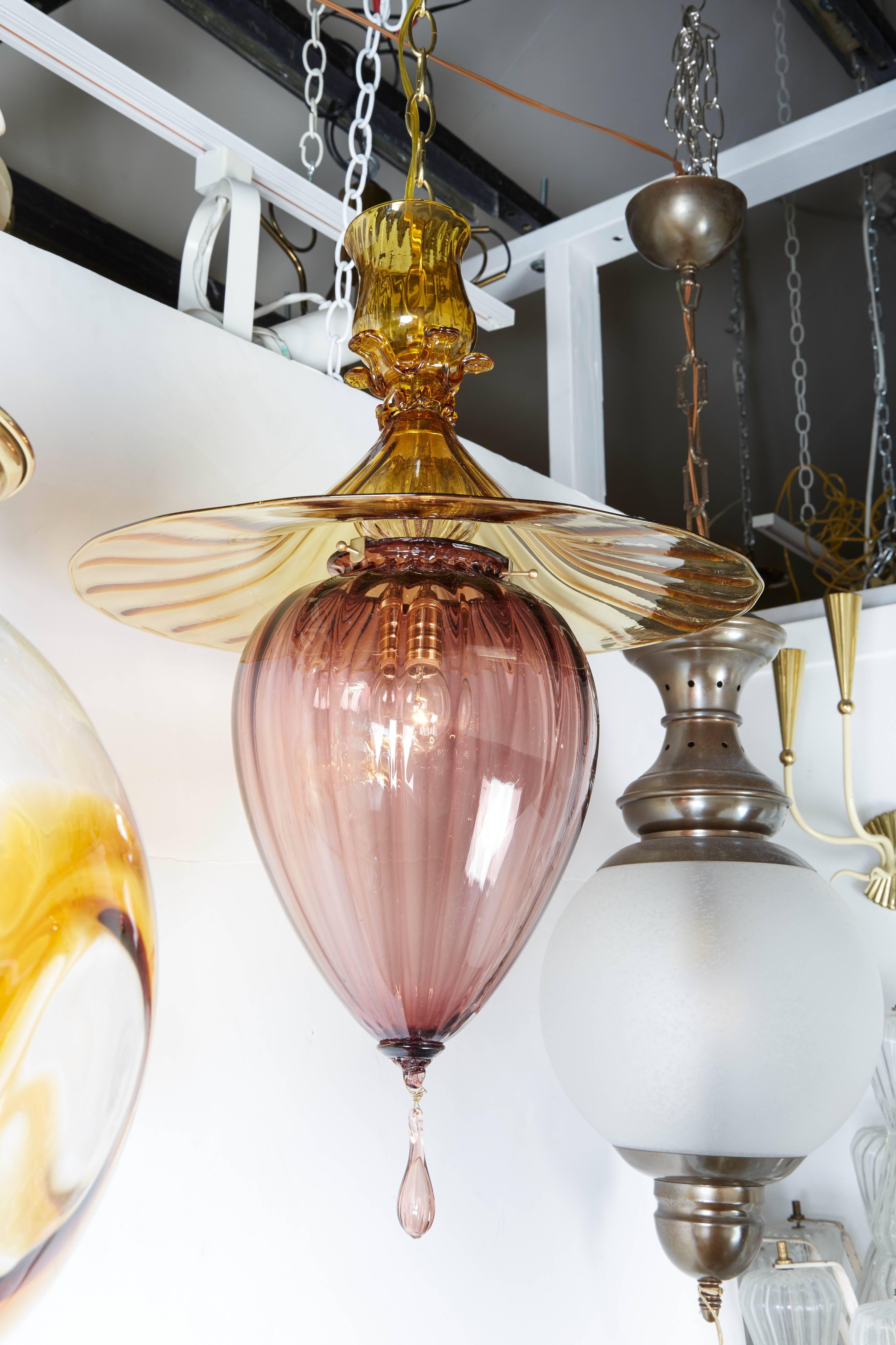 Art Deco Venini Purple and Amber Gold 1930s Lantern Pendant