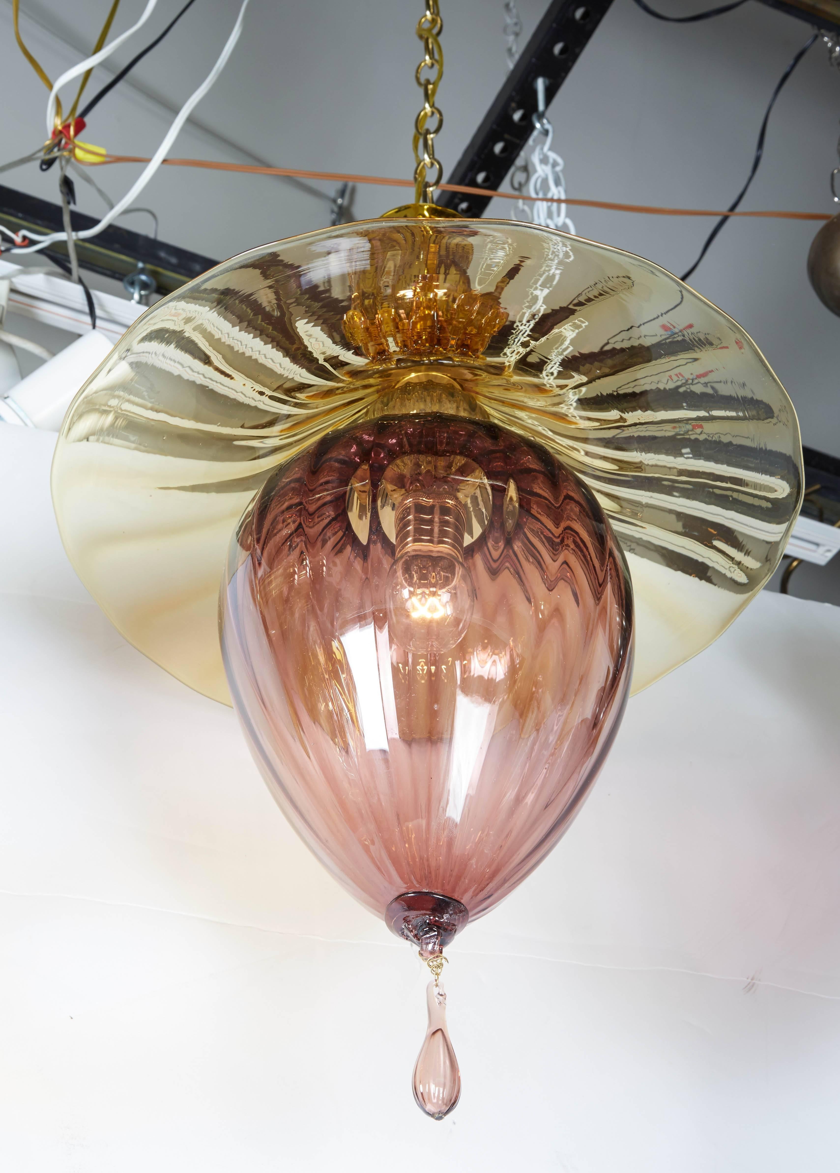 Brass Venini Purple and Amber Gold 1930s Lantern Pendant