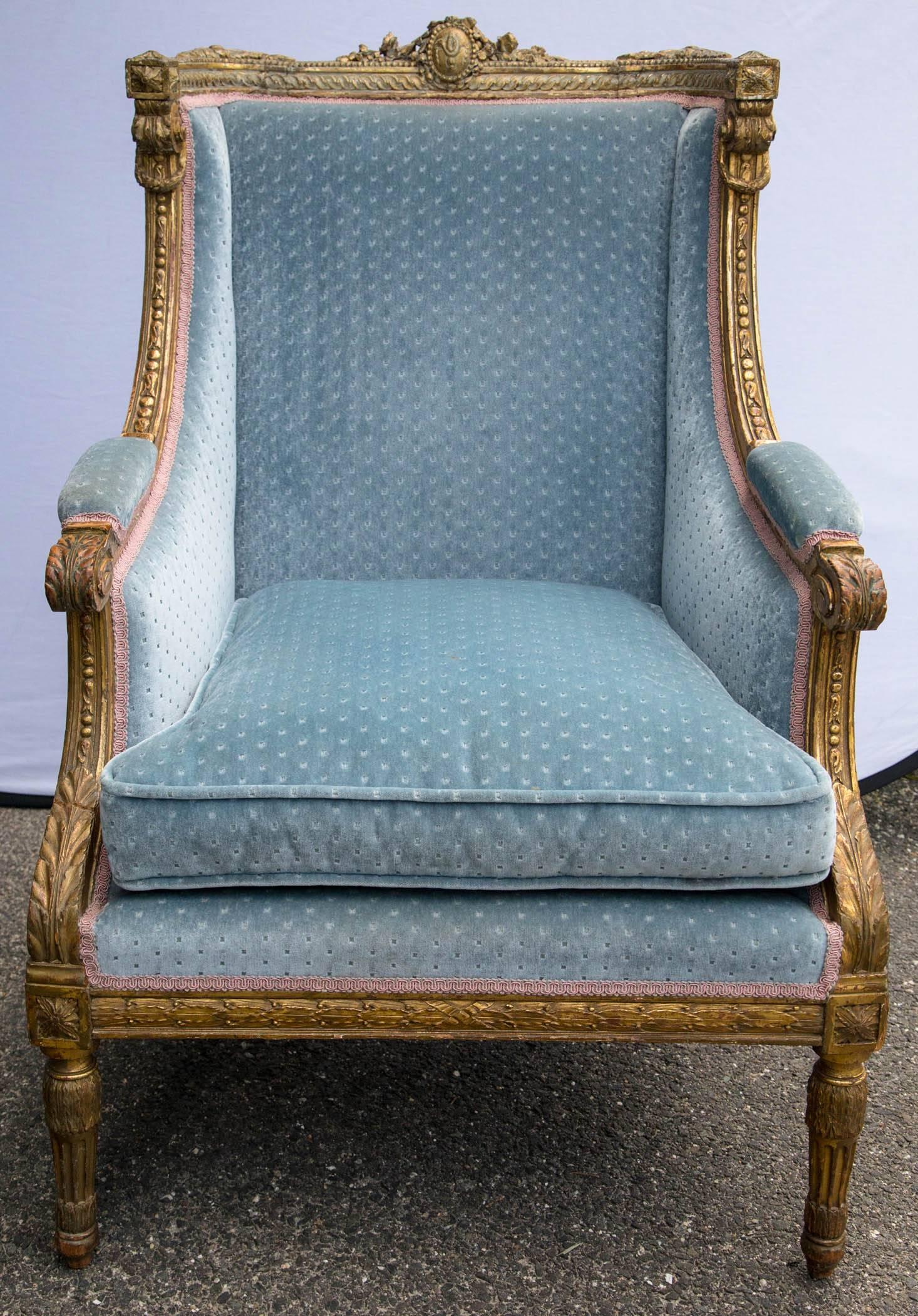 French Louis XVI Style Giltwood Winged Bergere