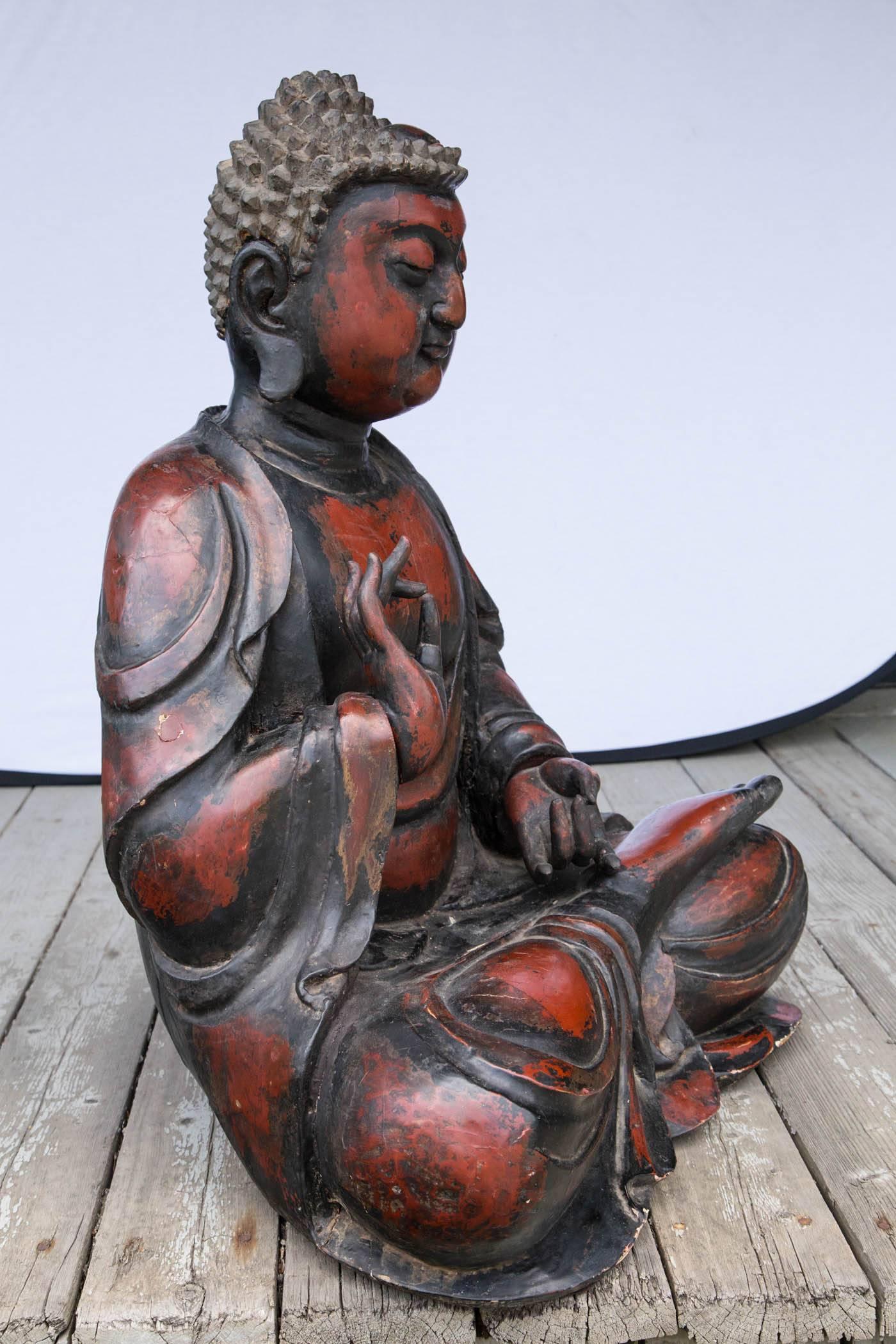 19th Century Seated Cross Legged Dark Red and Black Lacquer Asian Buddha For Sale