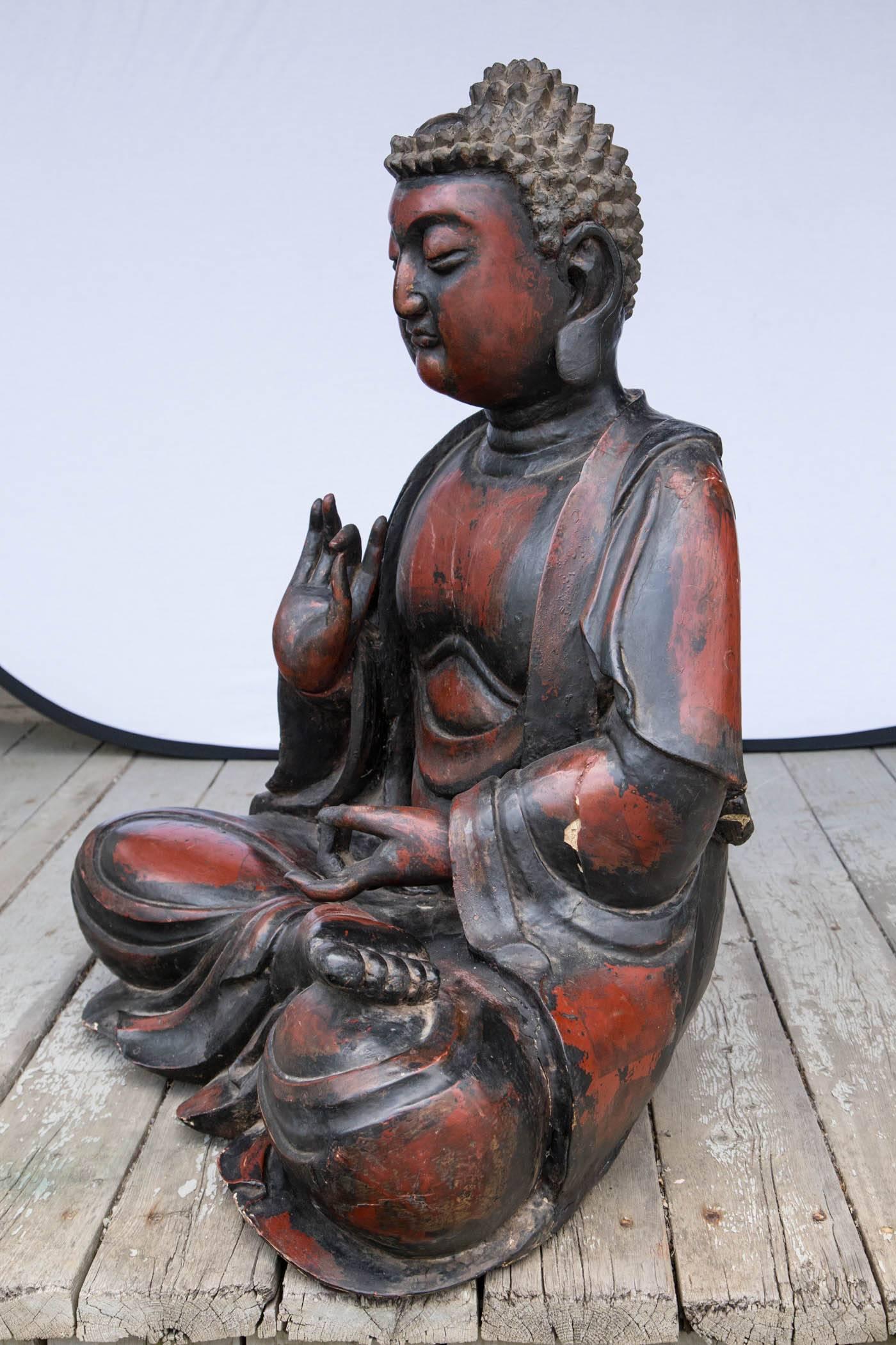 Wood Seated Cross Legged Dark Red and Black Lacquer Asian Buddha For Sale