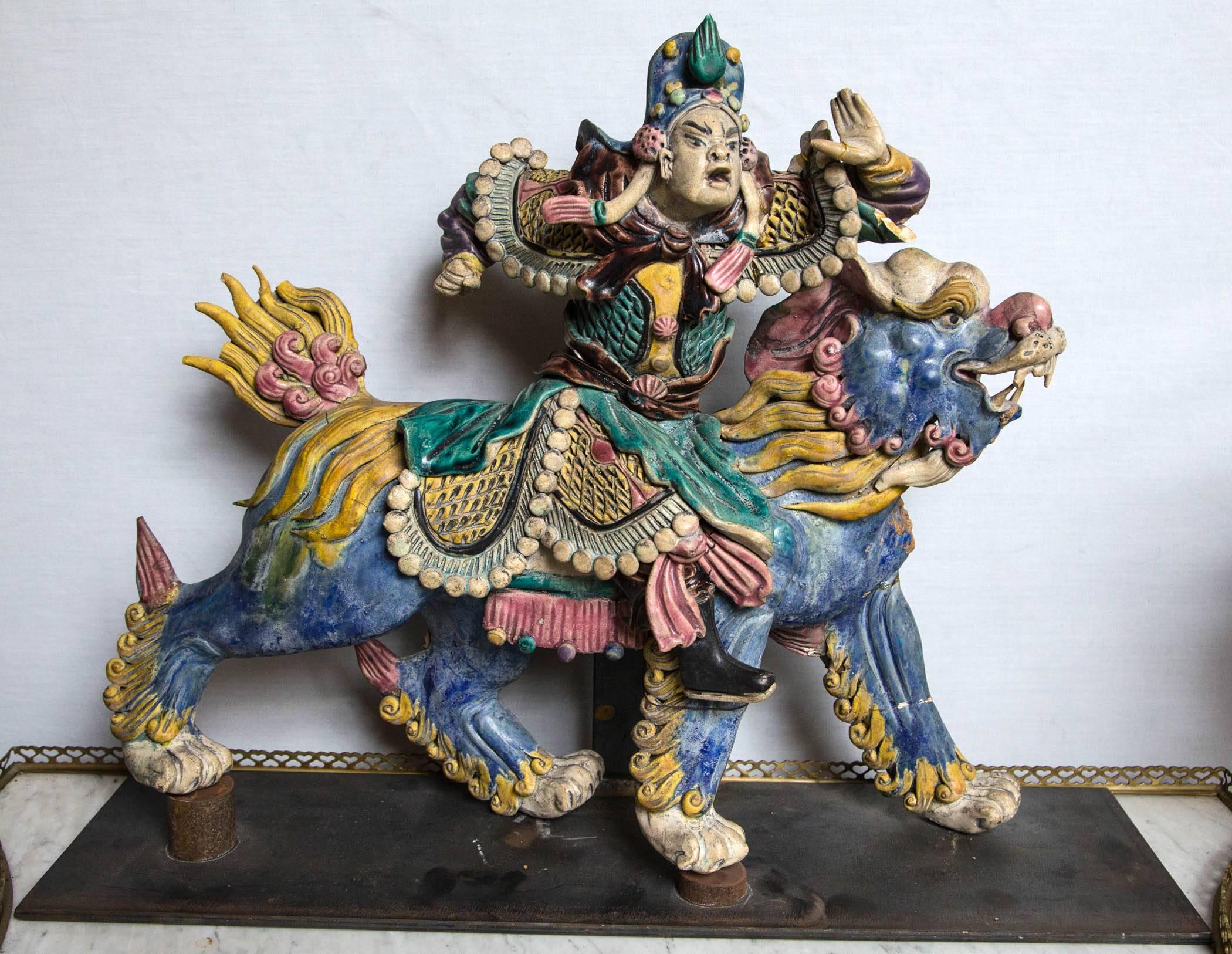 Chinese Multicolored Glazed Pottery Kylin and Diety Rider In Fair Condition In Woodbury, CT