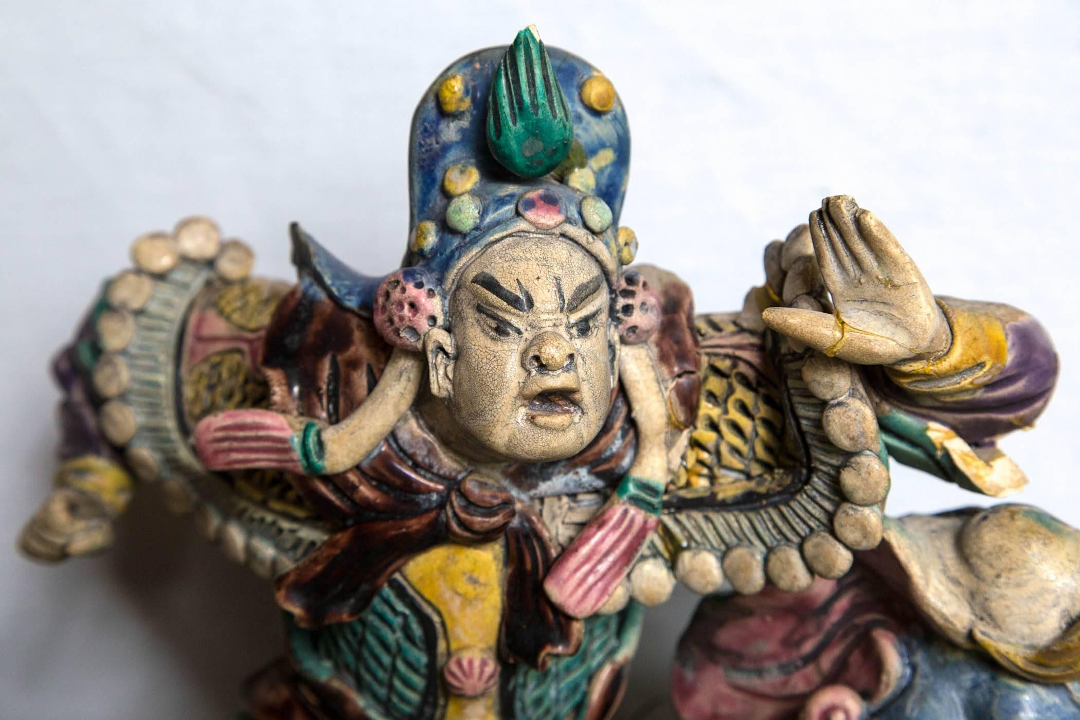 19th Century Chinese Multicolored Glazed Pottery Kylin and Diety Rider