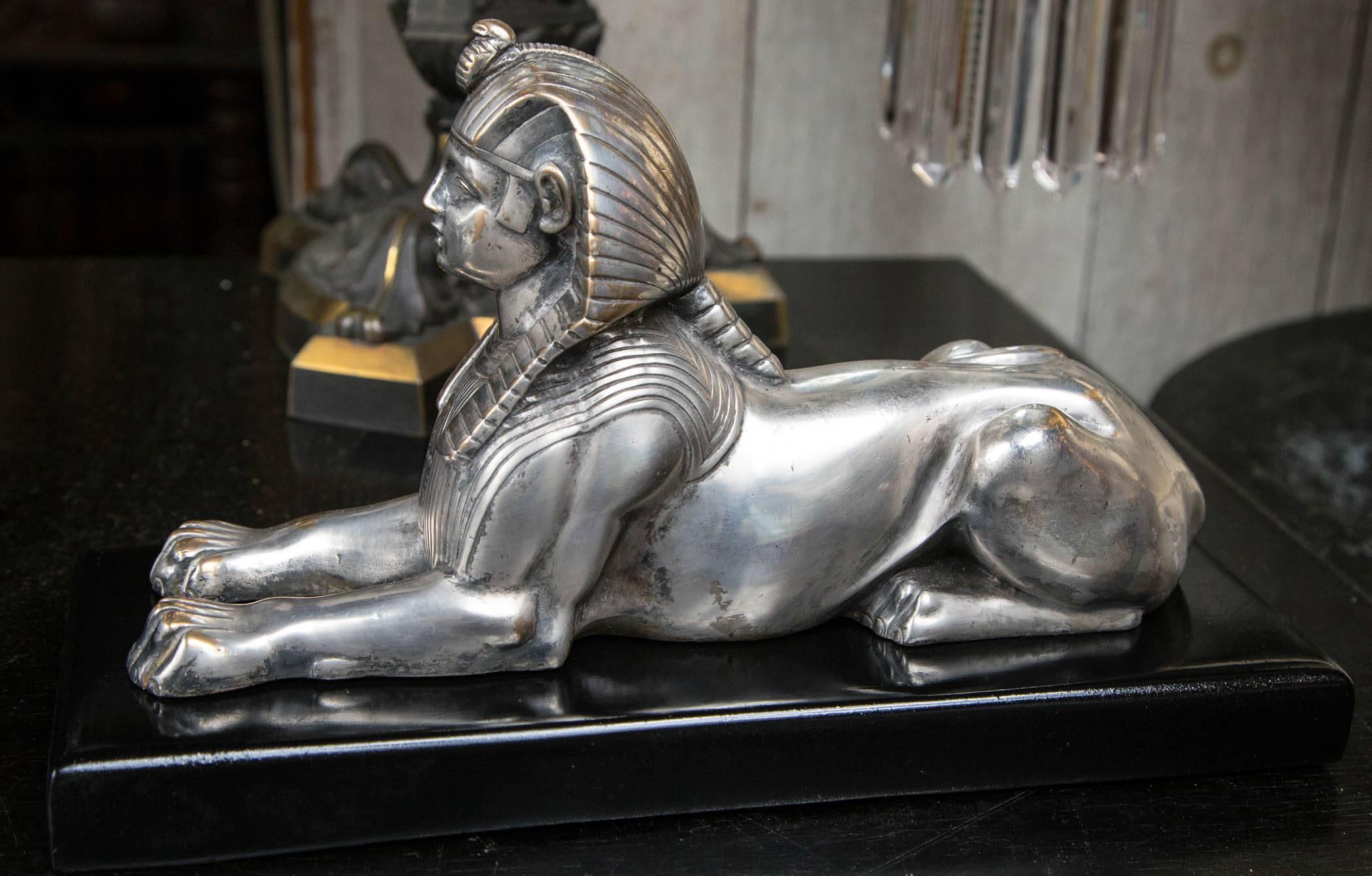 Pair of French Empire Silvered Bronze Sphinxes In Good Condition In Woodbury, CT