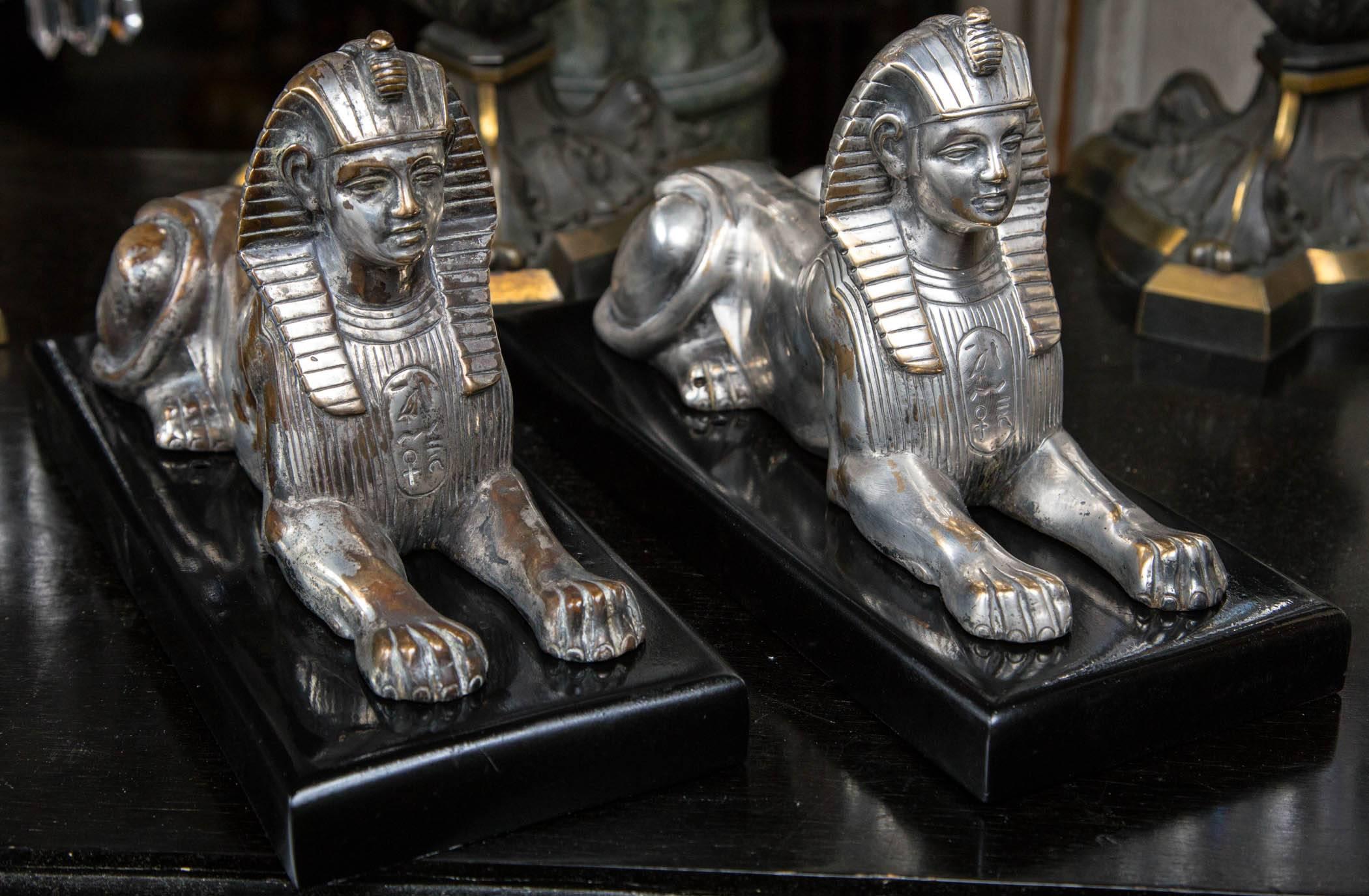 Pair of French Empire Silvered Bronze Sphinxes 1