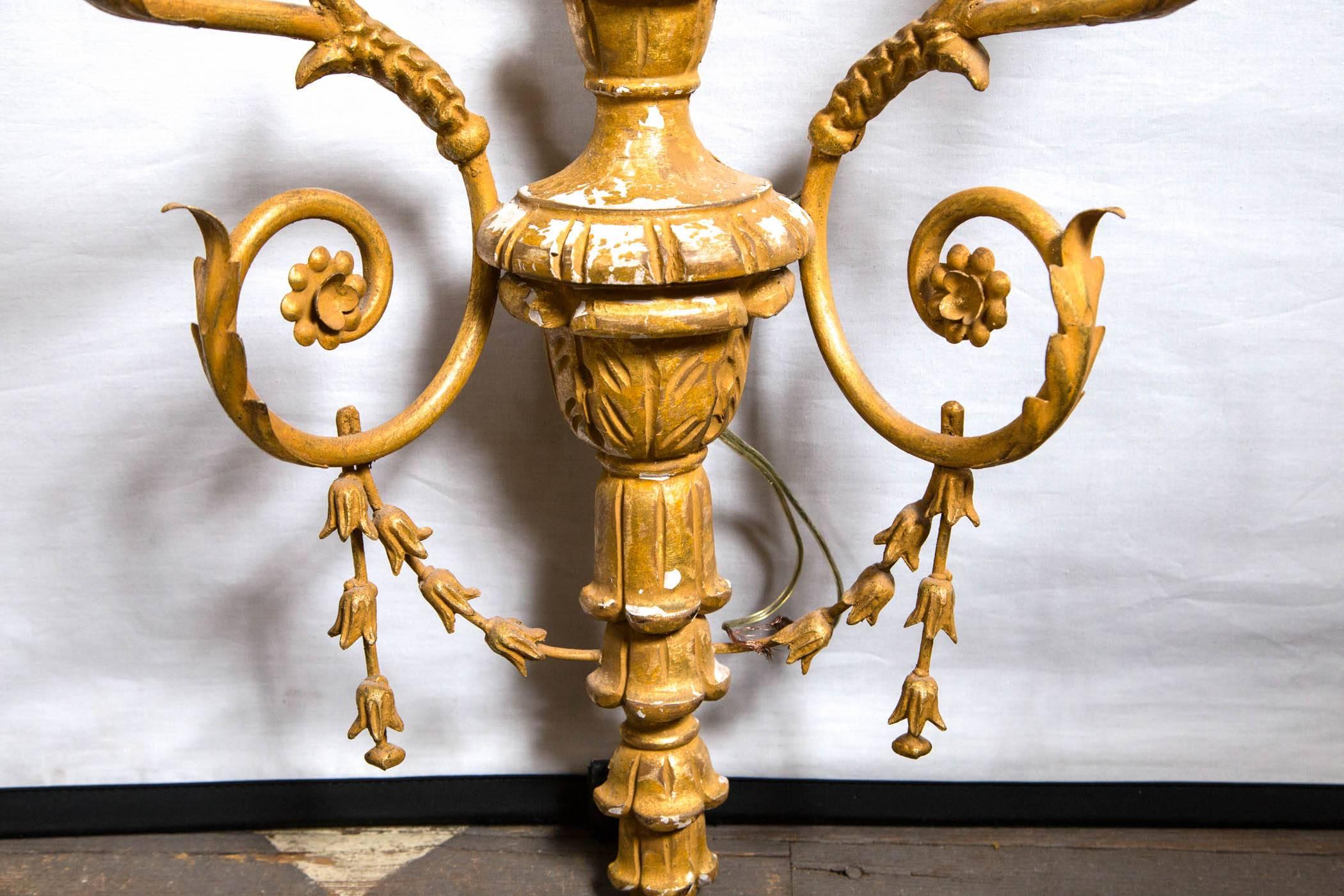 Elegant Pair of Neoclassical Carved Wood Two-Light Sconces For Sale 1