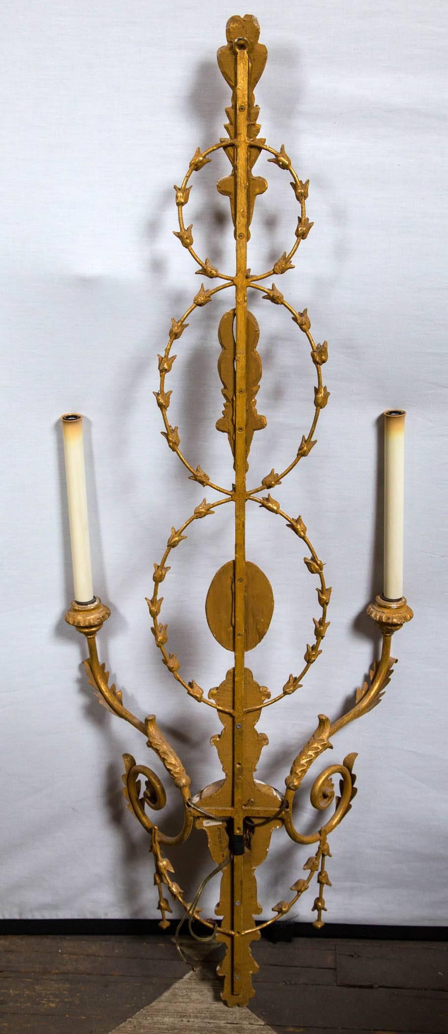 Elegant Pair of Neoclassical Carved Wood Two-Light Sconces For Sale 2