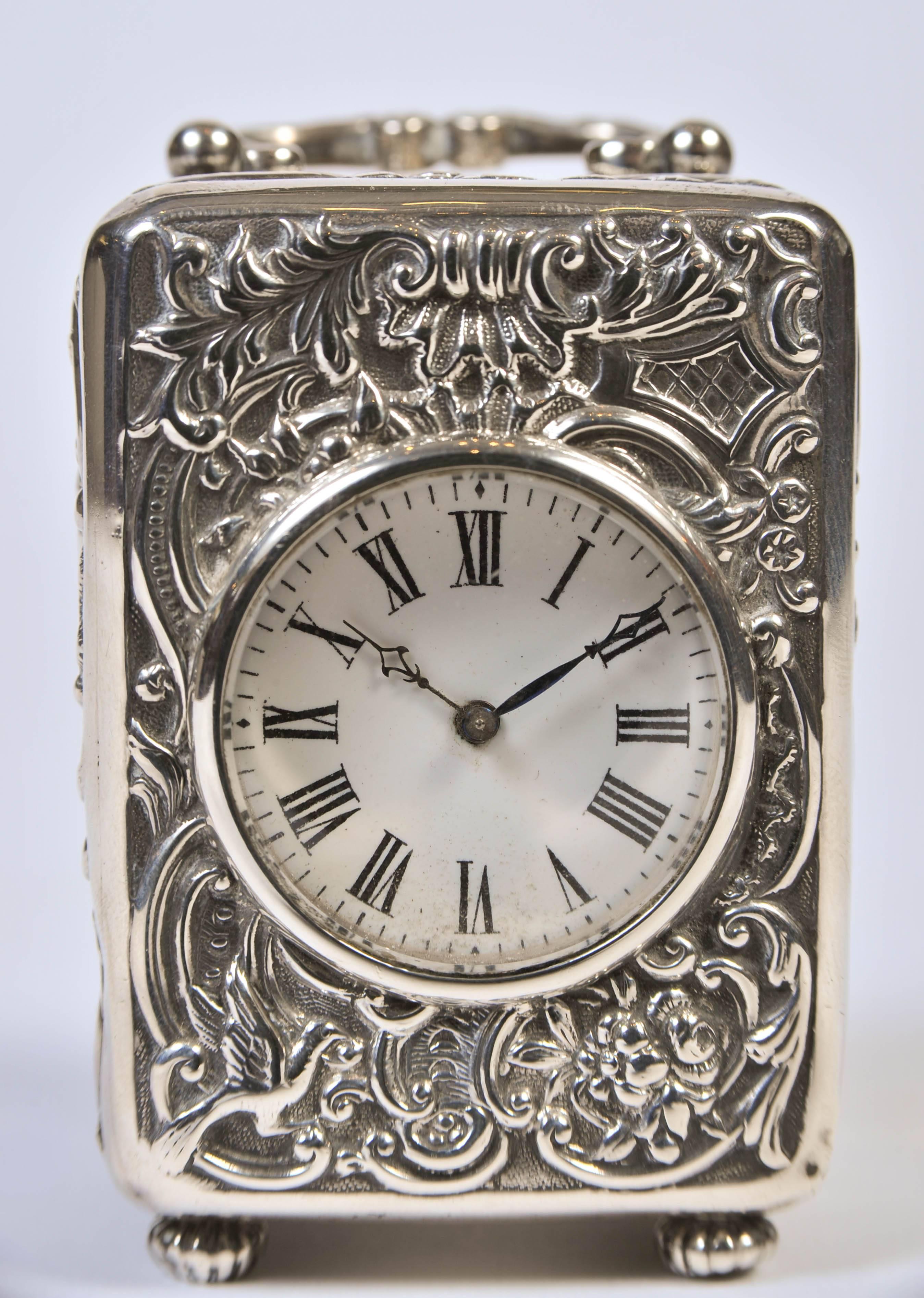 19th Century Sterling Silver Miniature Carriage Clock by William Comyns London, 1896