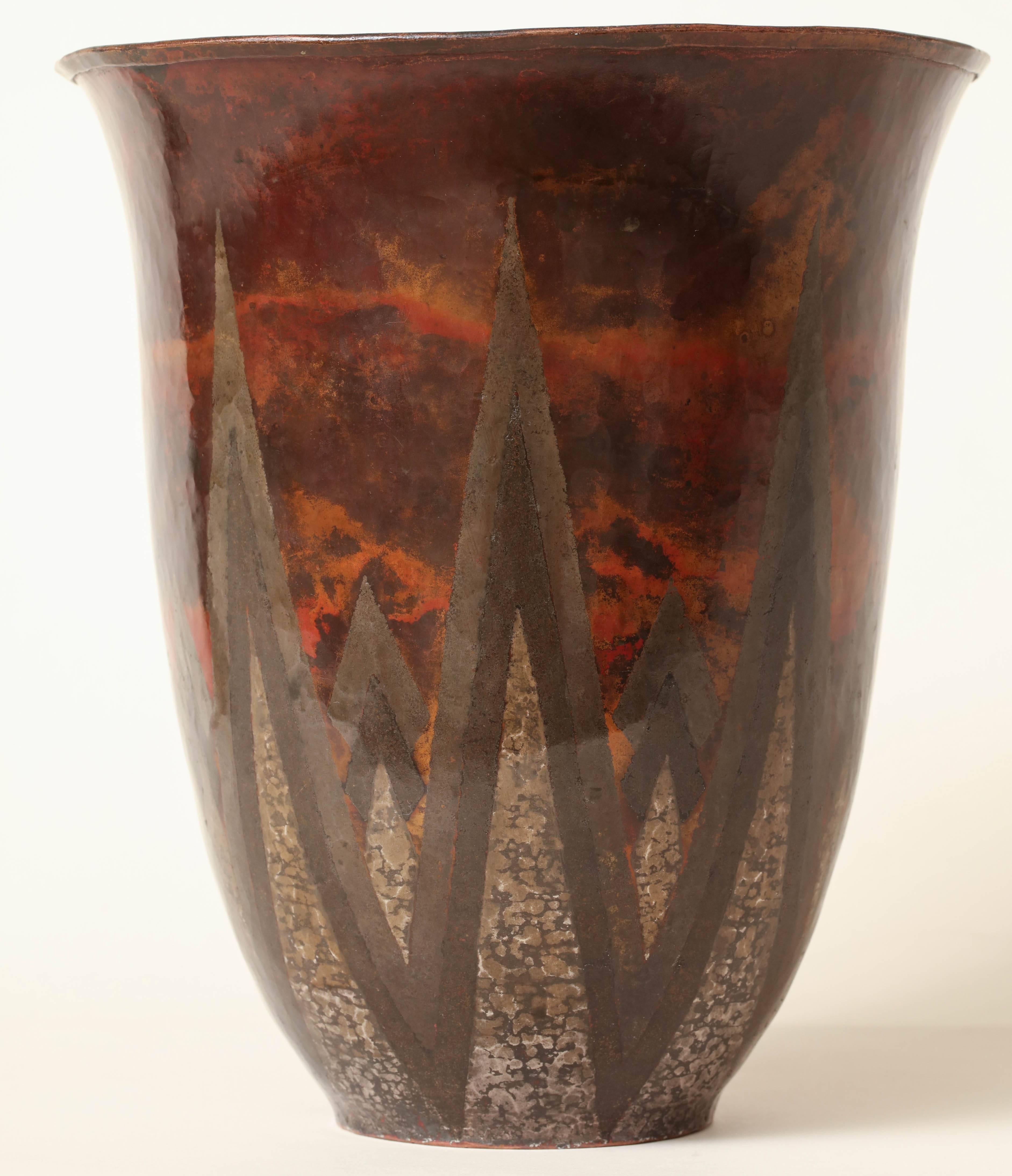 20th Century Claudius Linossier French Art Deco Copper and Silver Dinanderie Vase For Sale