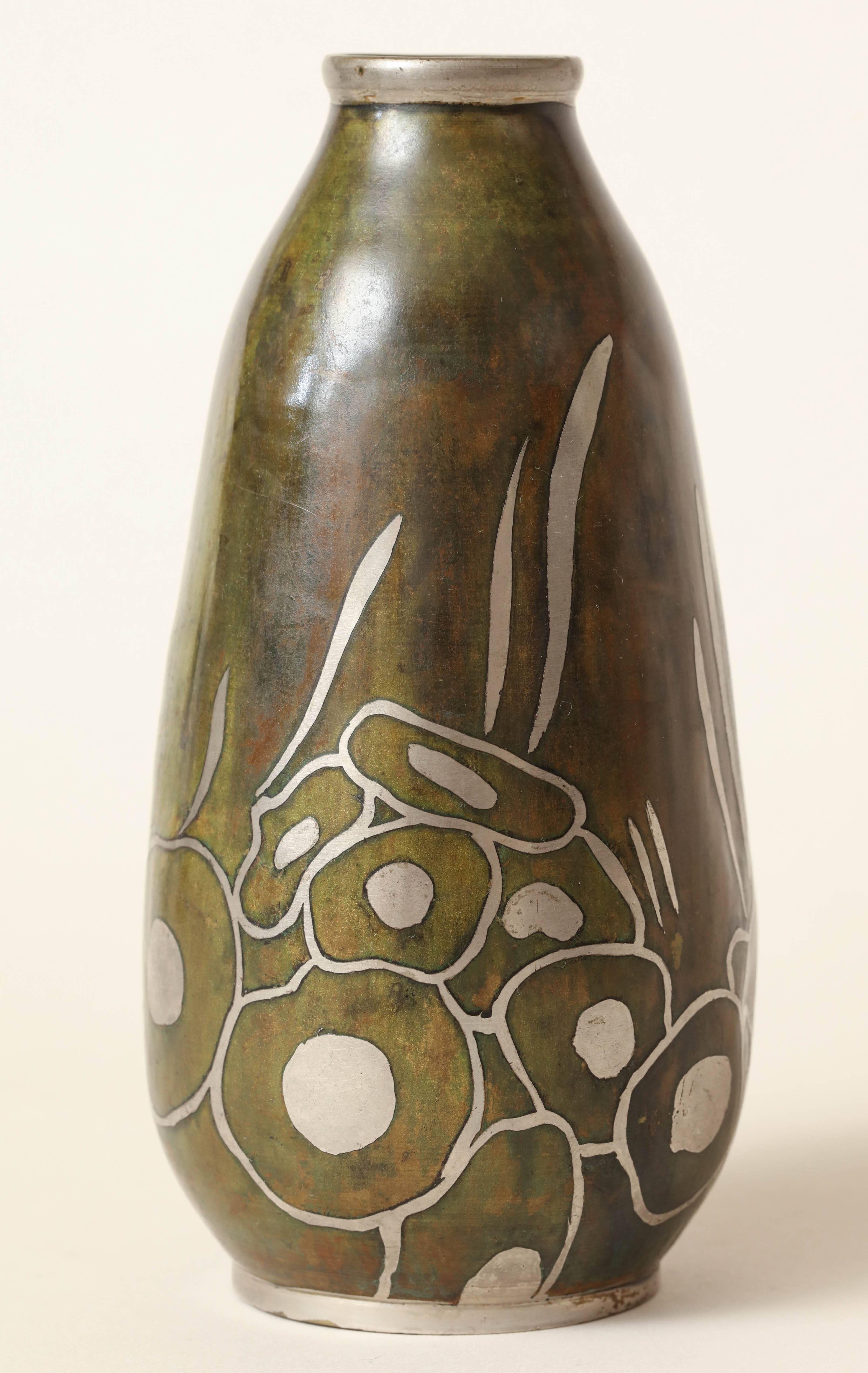 20th Century Paul Mergier French Art Deco Copper and Silver Dinanderie Vase For Sale