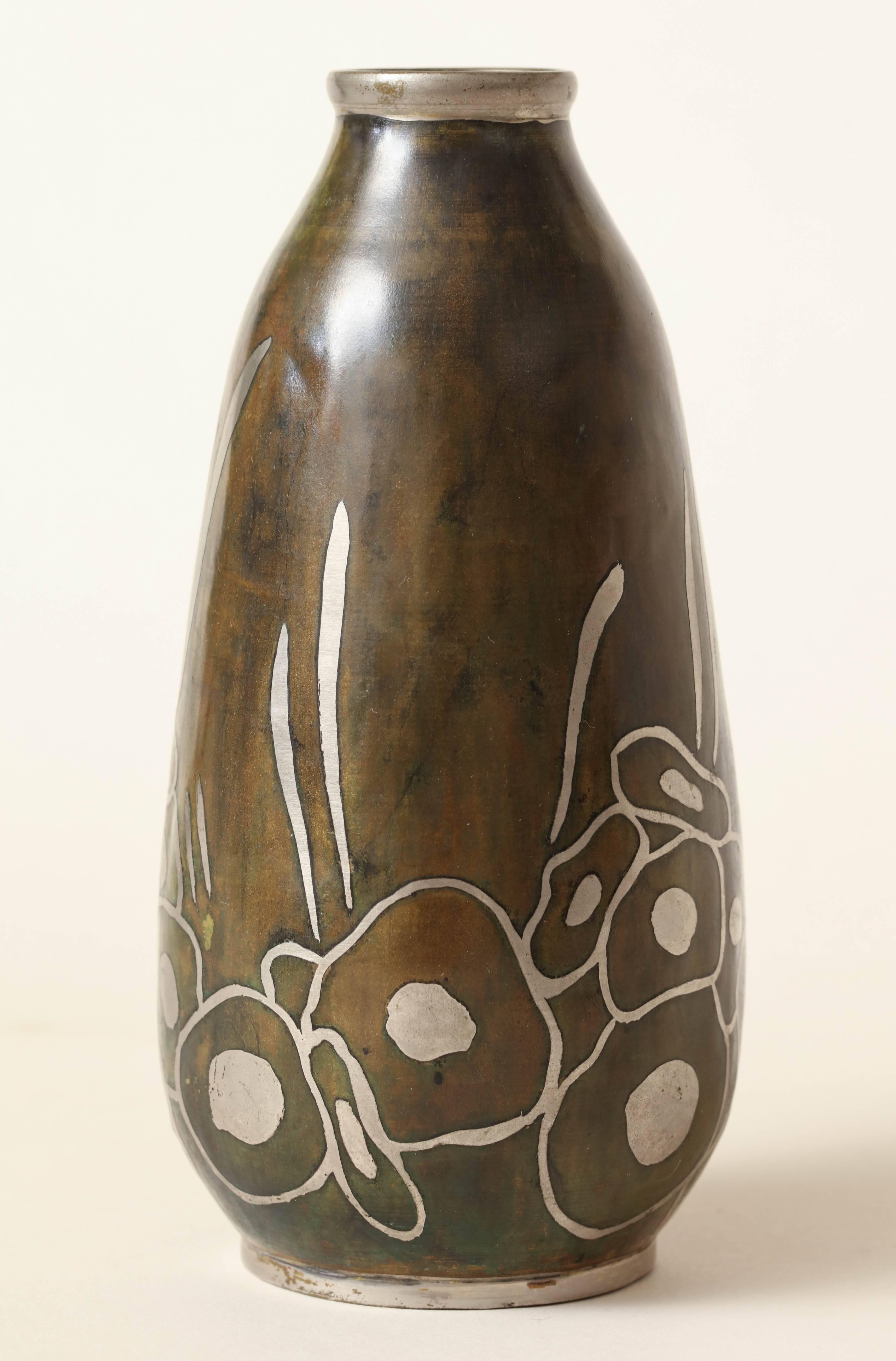 Paul Mergier French Art Deco Copper and Silver Dinanderie Vase For Sale 1