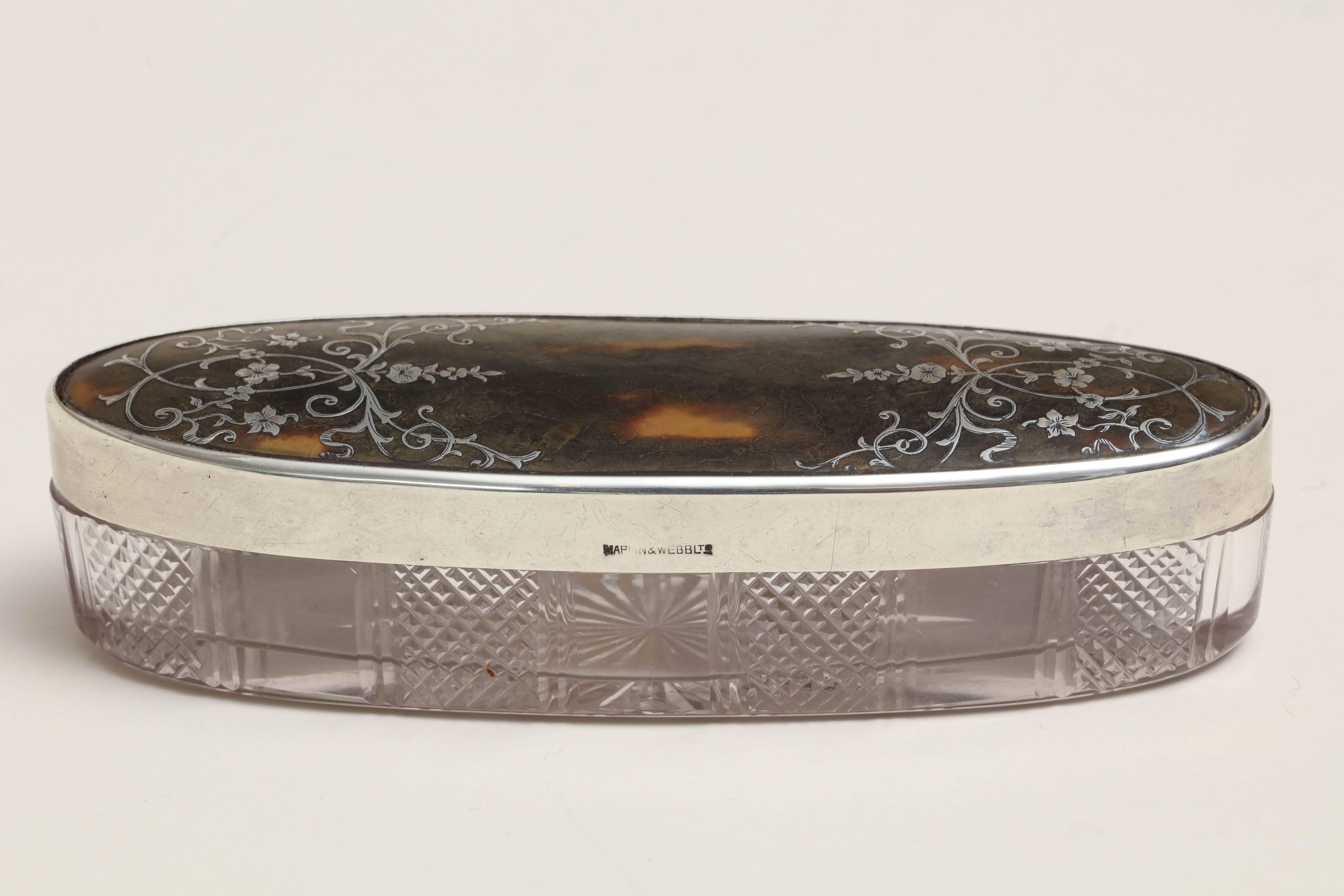 20th Century English Art Deco Crystal, Faux Tortoiseshell and Sterling Silver Pique Box