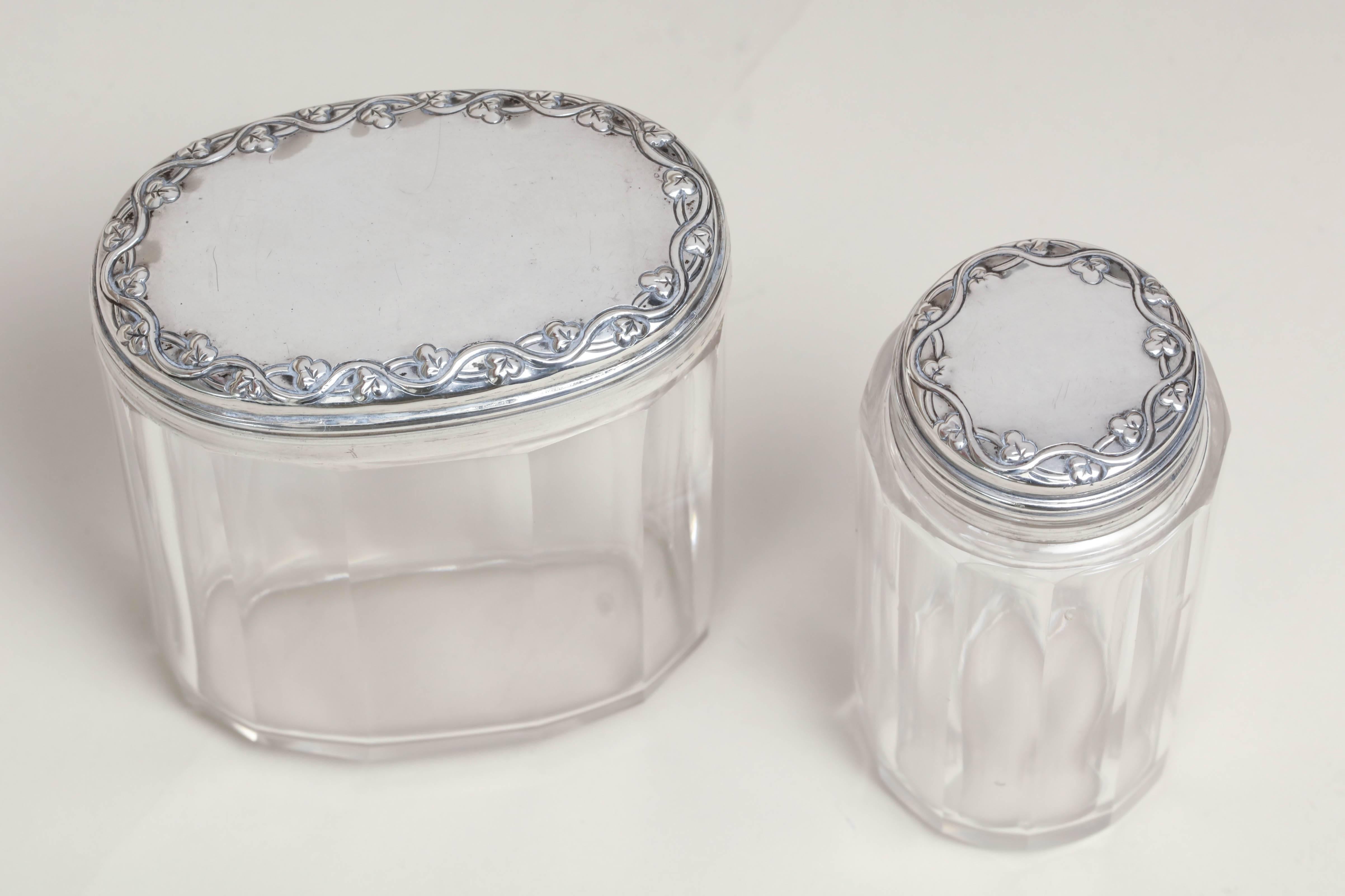 Two English Art Deco Crystal with Sterling Silver Tops Dressing Table Jars In Excellent Condition In New York, NY