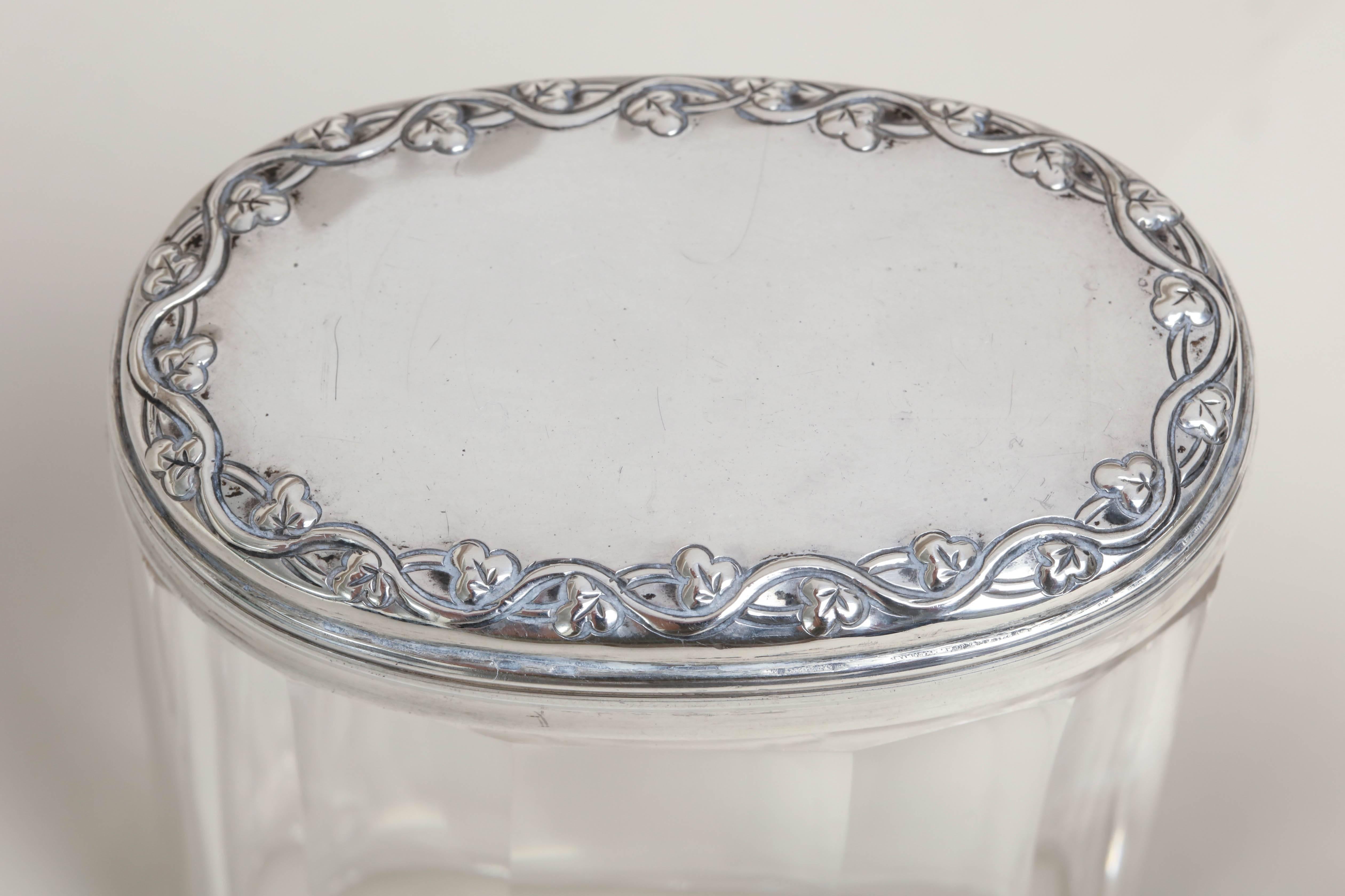 20th Century Two English Art Deco Crystal with Sterling Silver Tops Dressing Table Jars