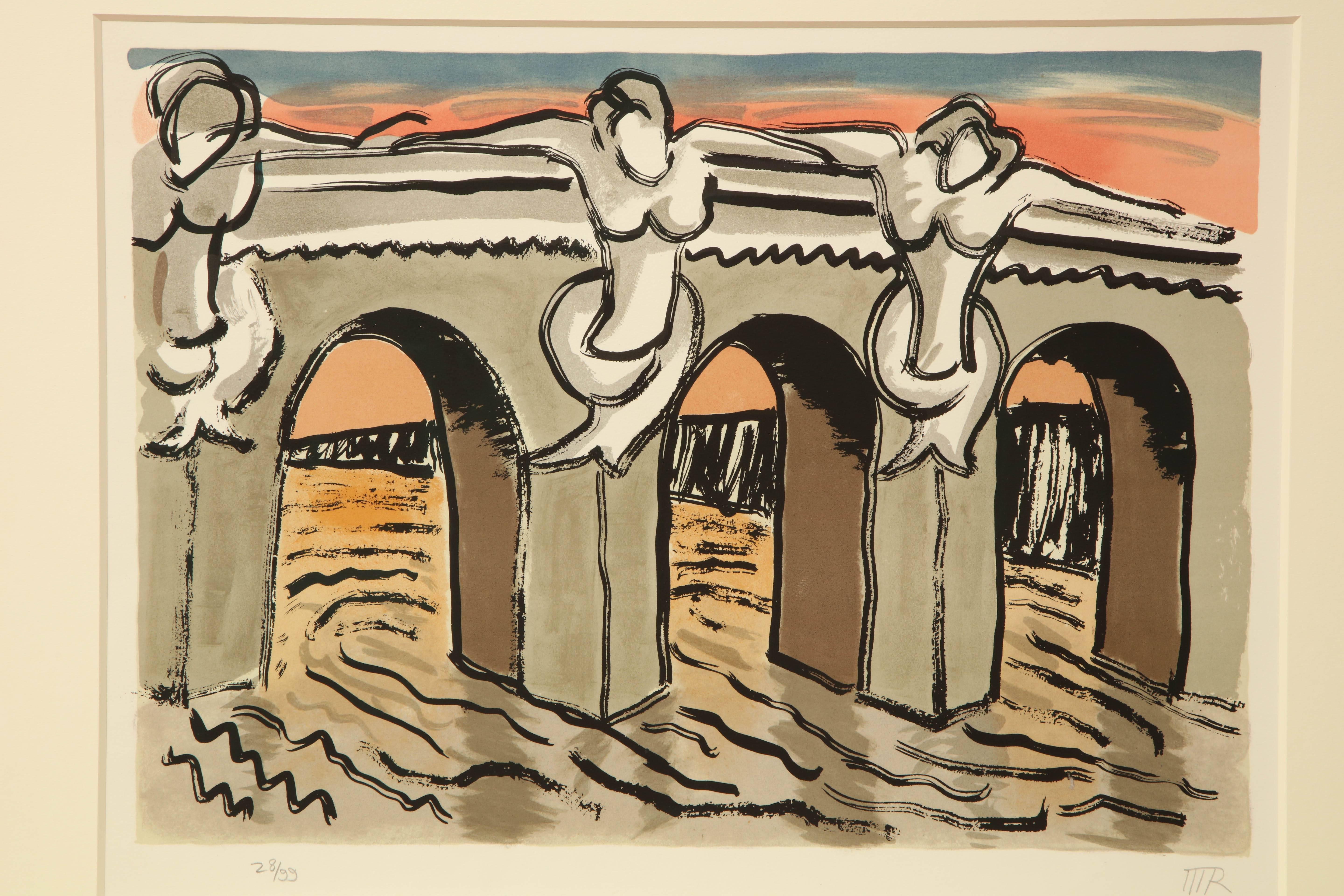 Lithograph in colors 'Pont Neuf' (Anselmino 6) by Man Ray

Measures: Framed: 24'' high; 29 5/8'' wide
Sheet: 14 7/8'' high; 20 3/4'' wide
Full Margins
Framed in custom gold leaf frame with mat and museum glass

Signed MR and numbered 28/99 in