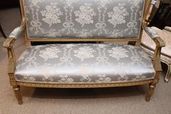 Louis XVI-Style French Giltwood and Parcel Paint Settee with New Upholstry