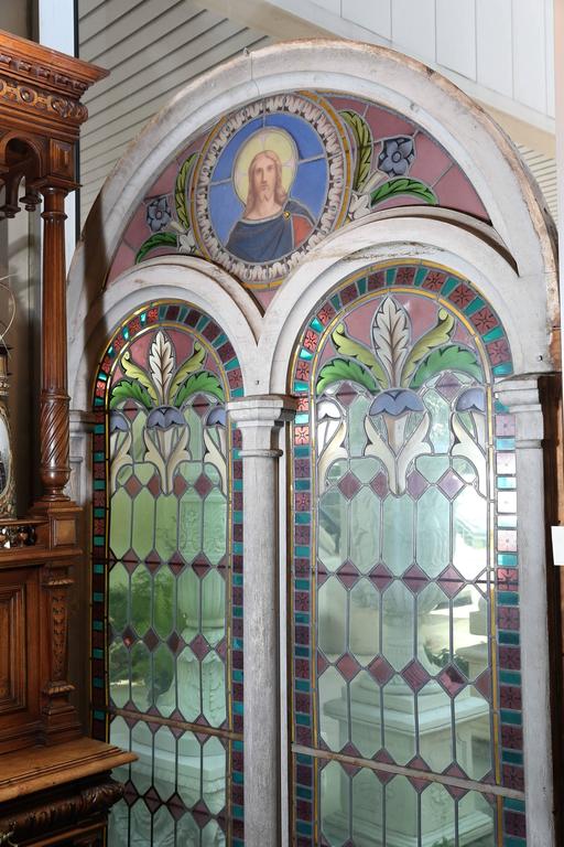 Pair of Large Religious Stained Glass Windows, French 1