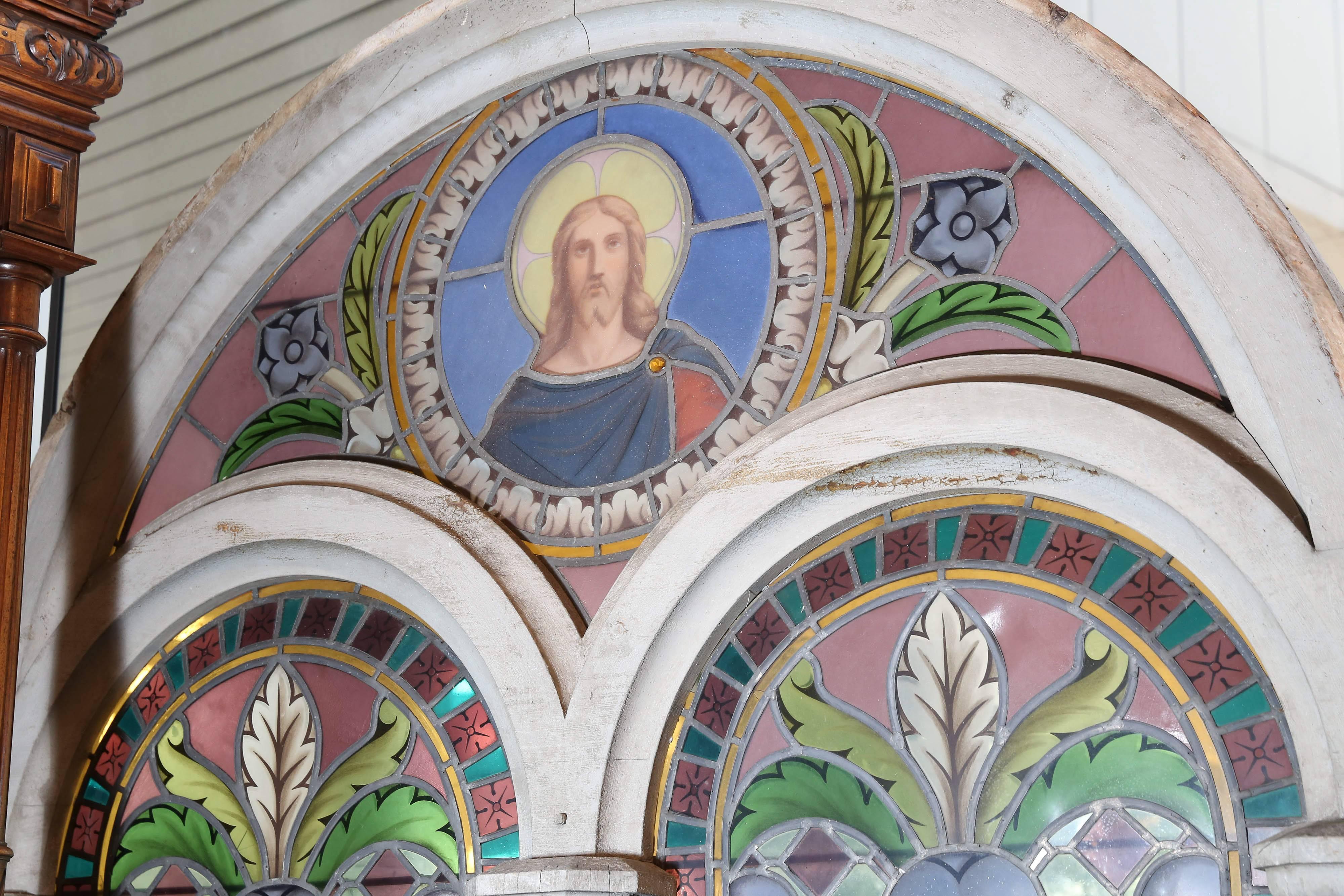 Pair of Large Religious Stained Glass Windows, French In Good Condition In Houston, TX