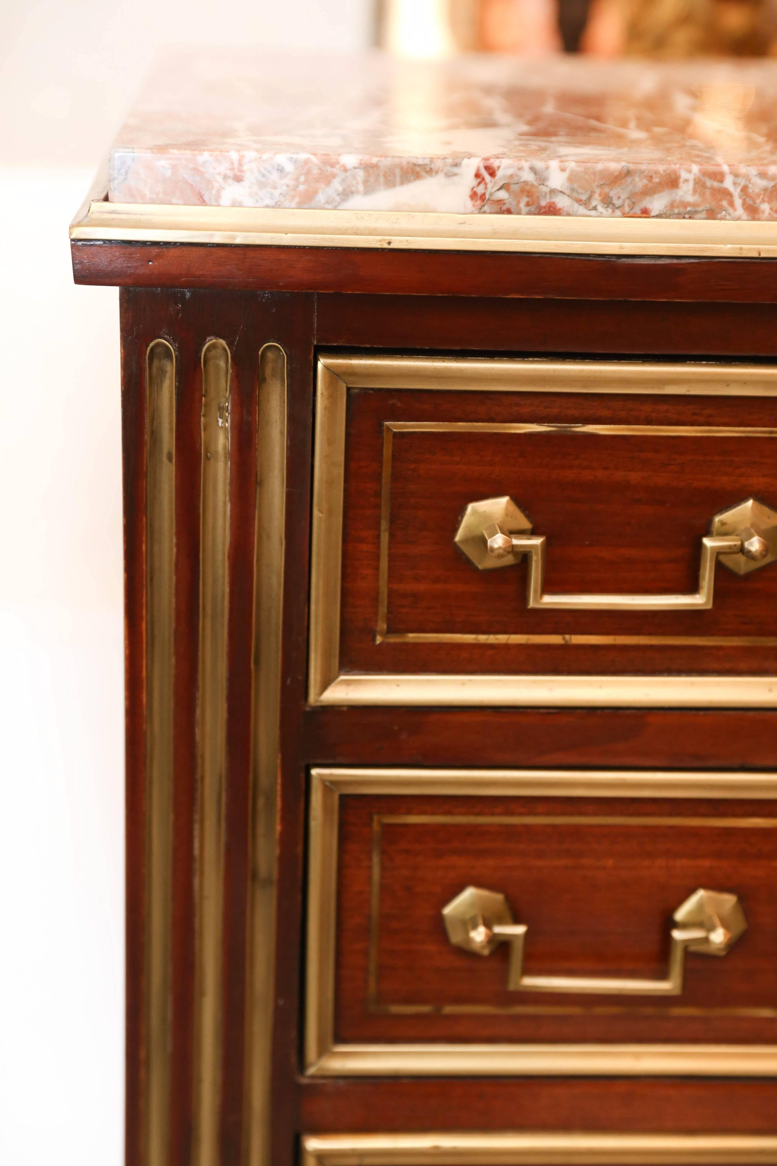 Louis XVI Style Mahogany Marble-Top Tall Chest, Early 20th Century 4