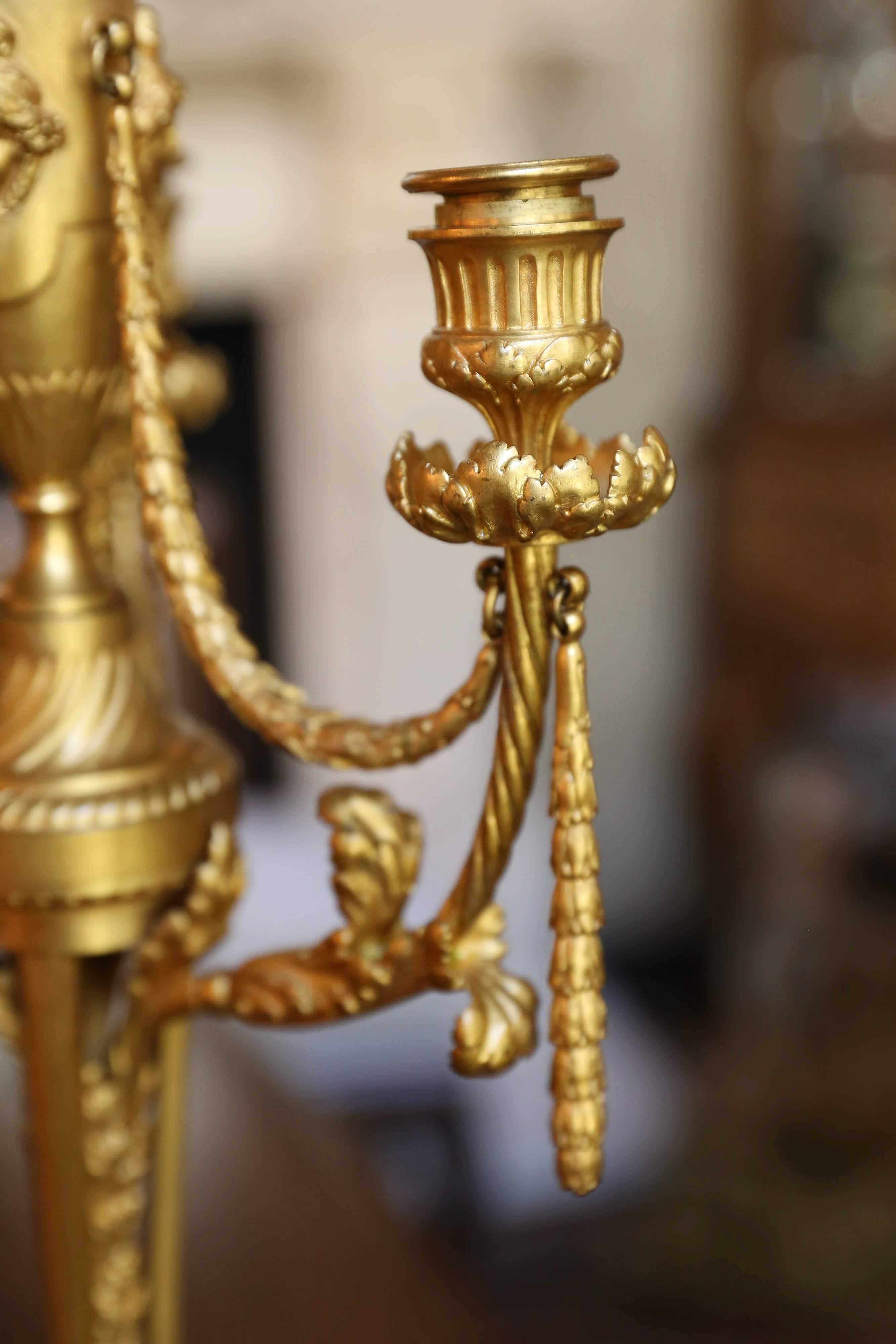 French Bronze Doré Candelabrum, 19Th Century with Three Arms In Excellent Condition For Sale In Houston, TX
