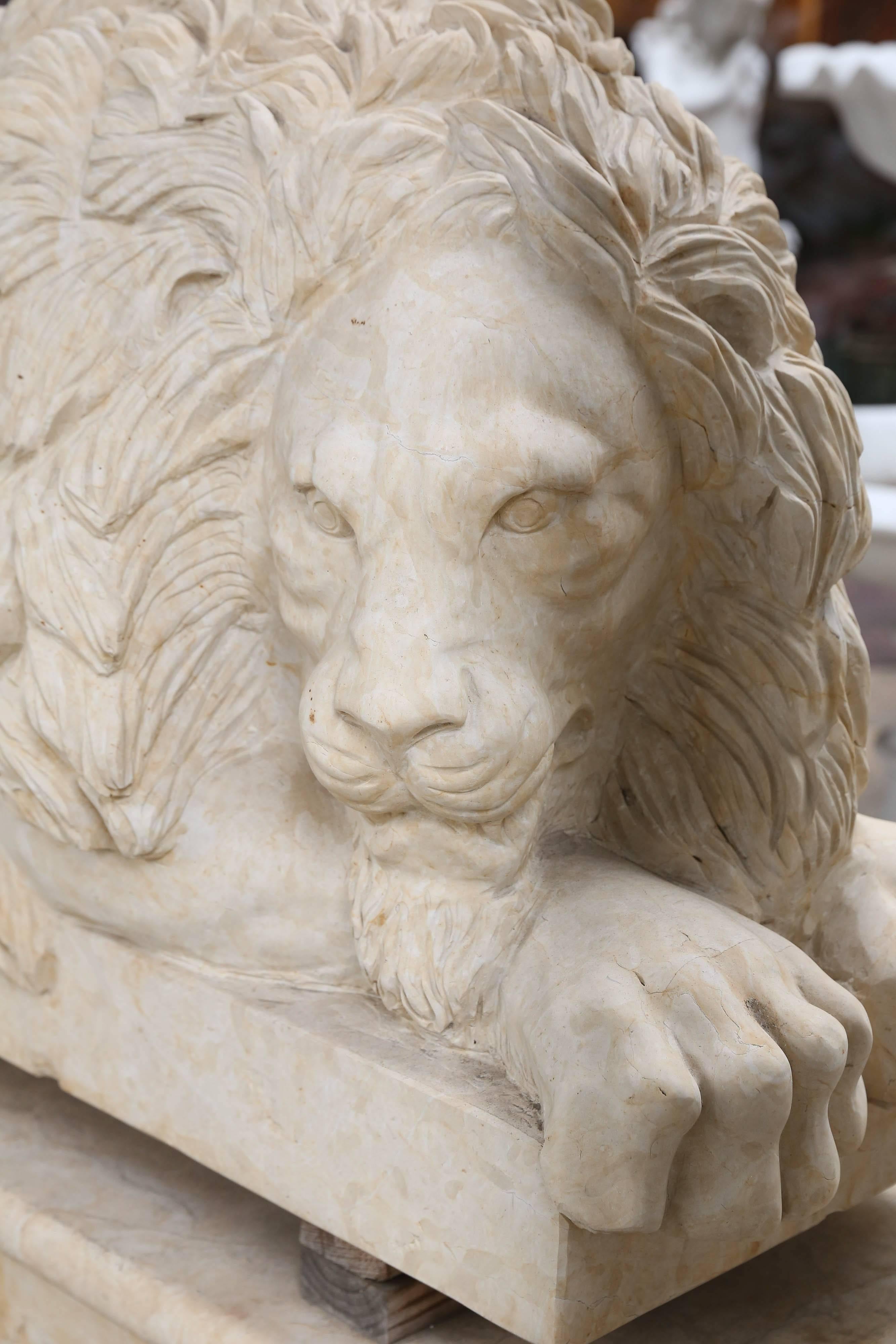Chinese Pair of Large and Impressive Carved Marble Lion Garden Statues on Pedestals