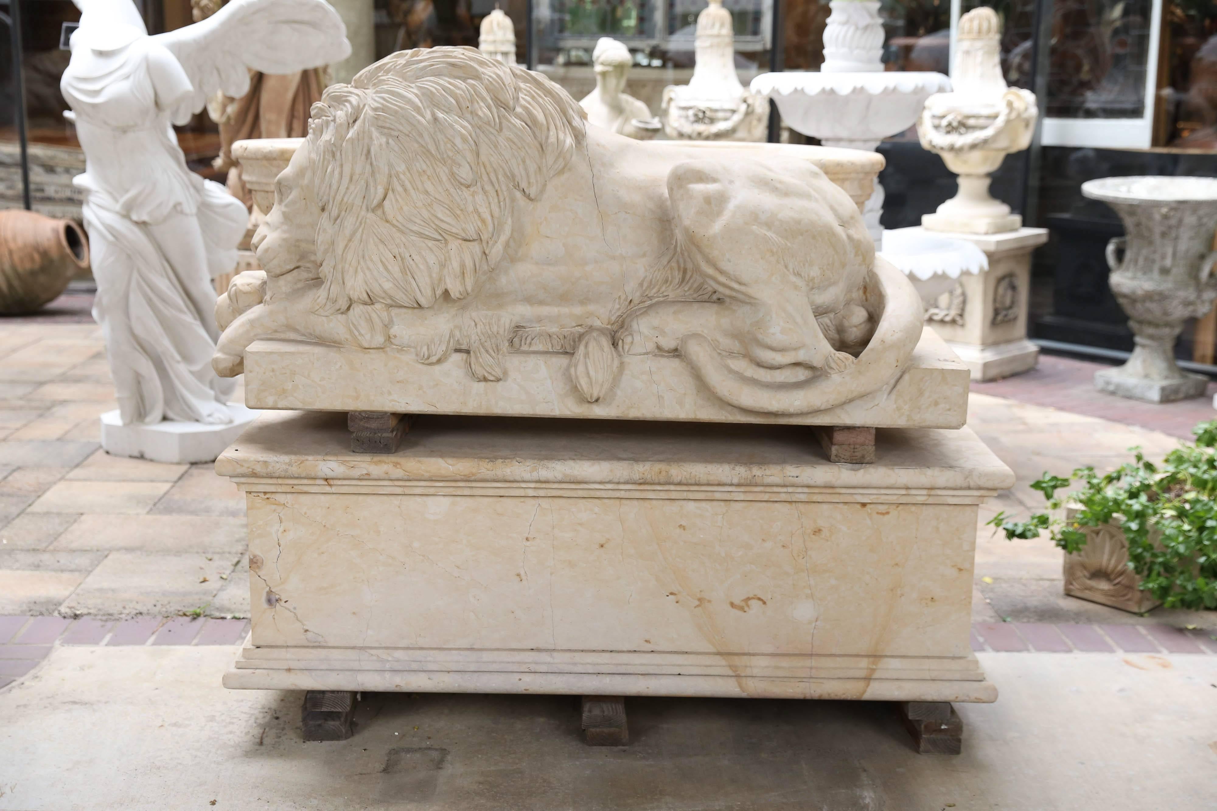 Pair of Large and Impressive Carved Marble Lion Garden Statues on Pedestals 2