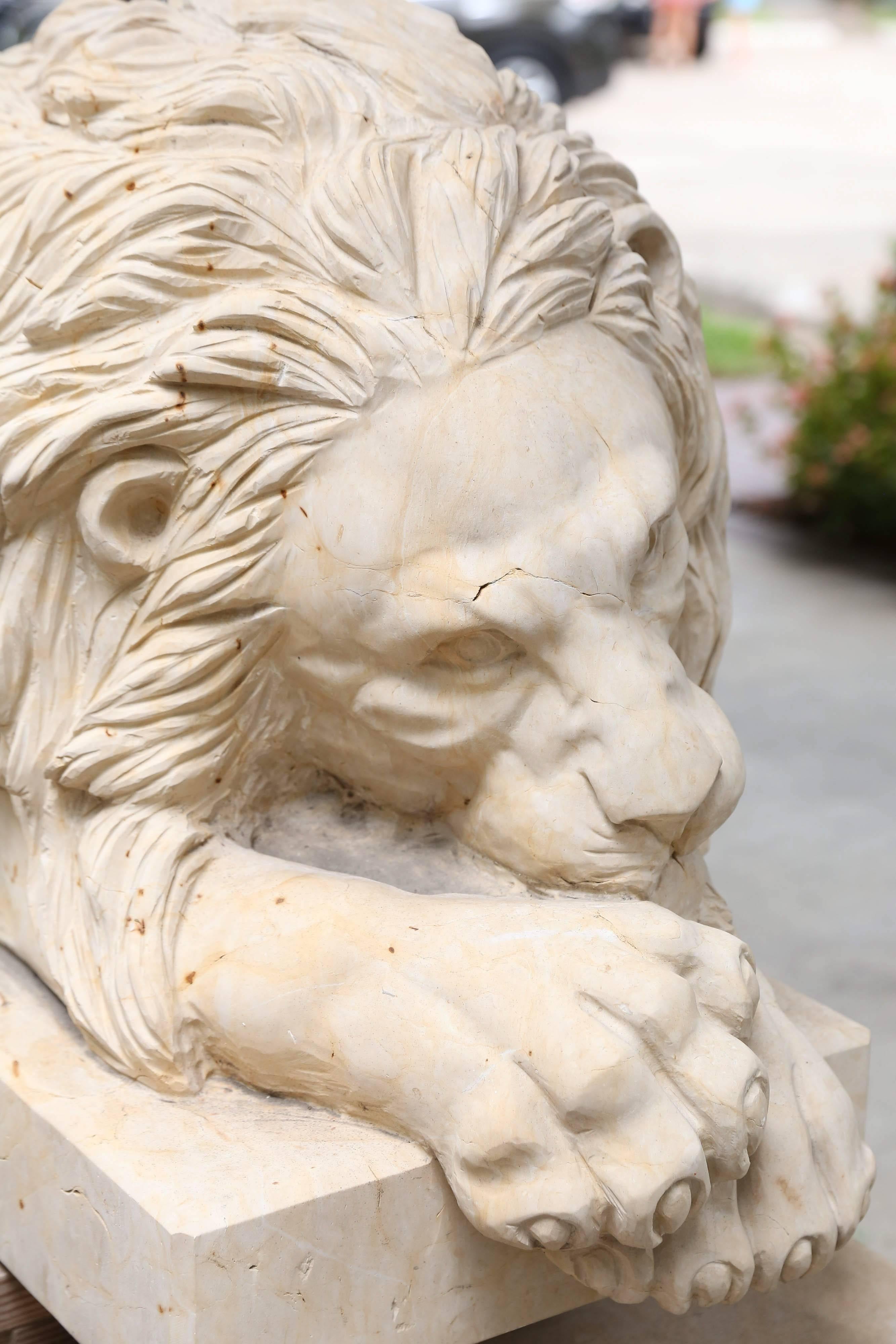 Pair of Large and Impressive Carved Marble Lion Garden Statues on Pedestals 3