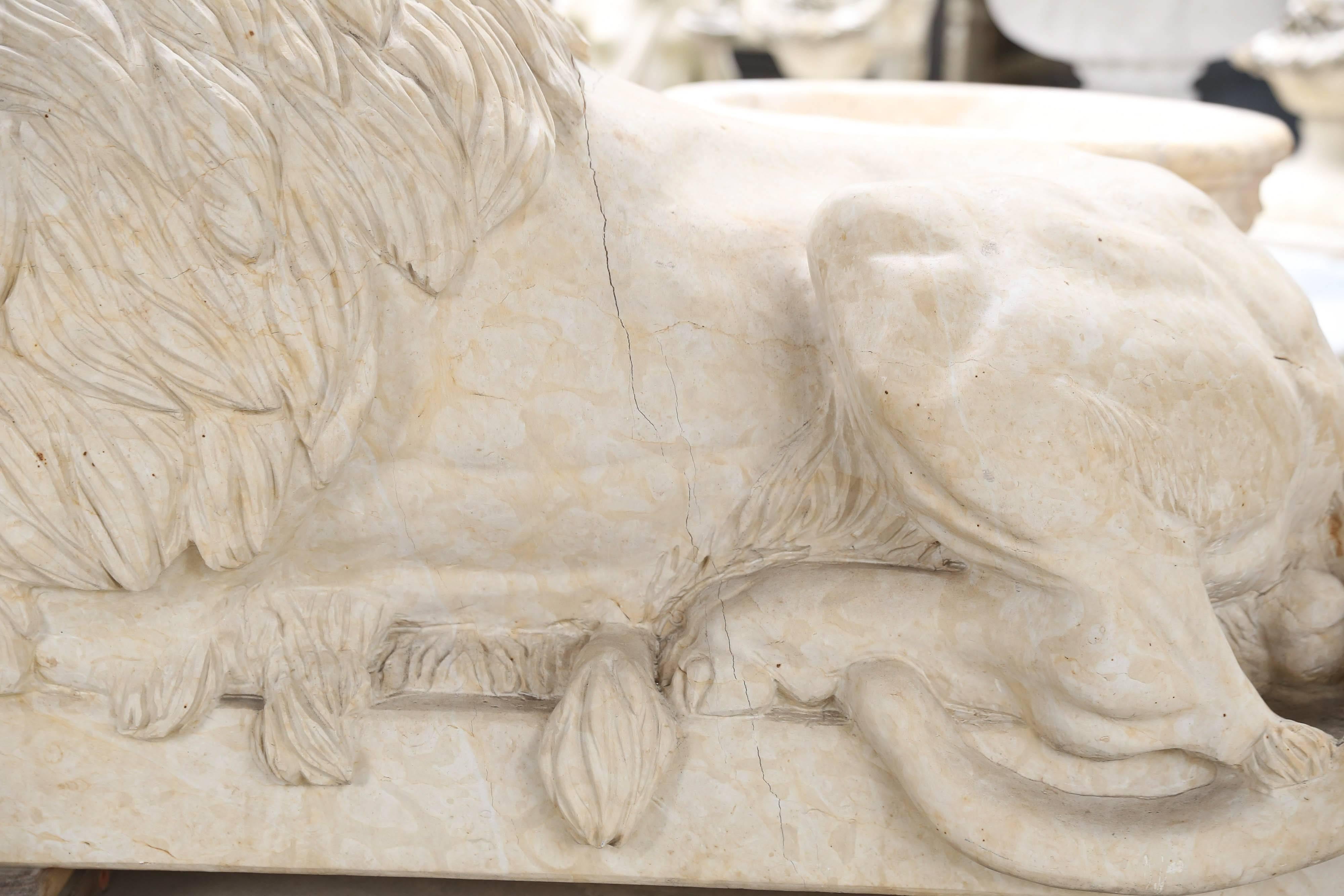 Pair of Large and Impressive Carved Marble Lion Garden Statues on Pedestals 5