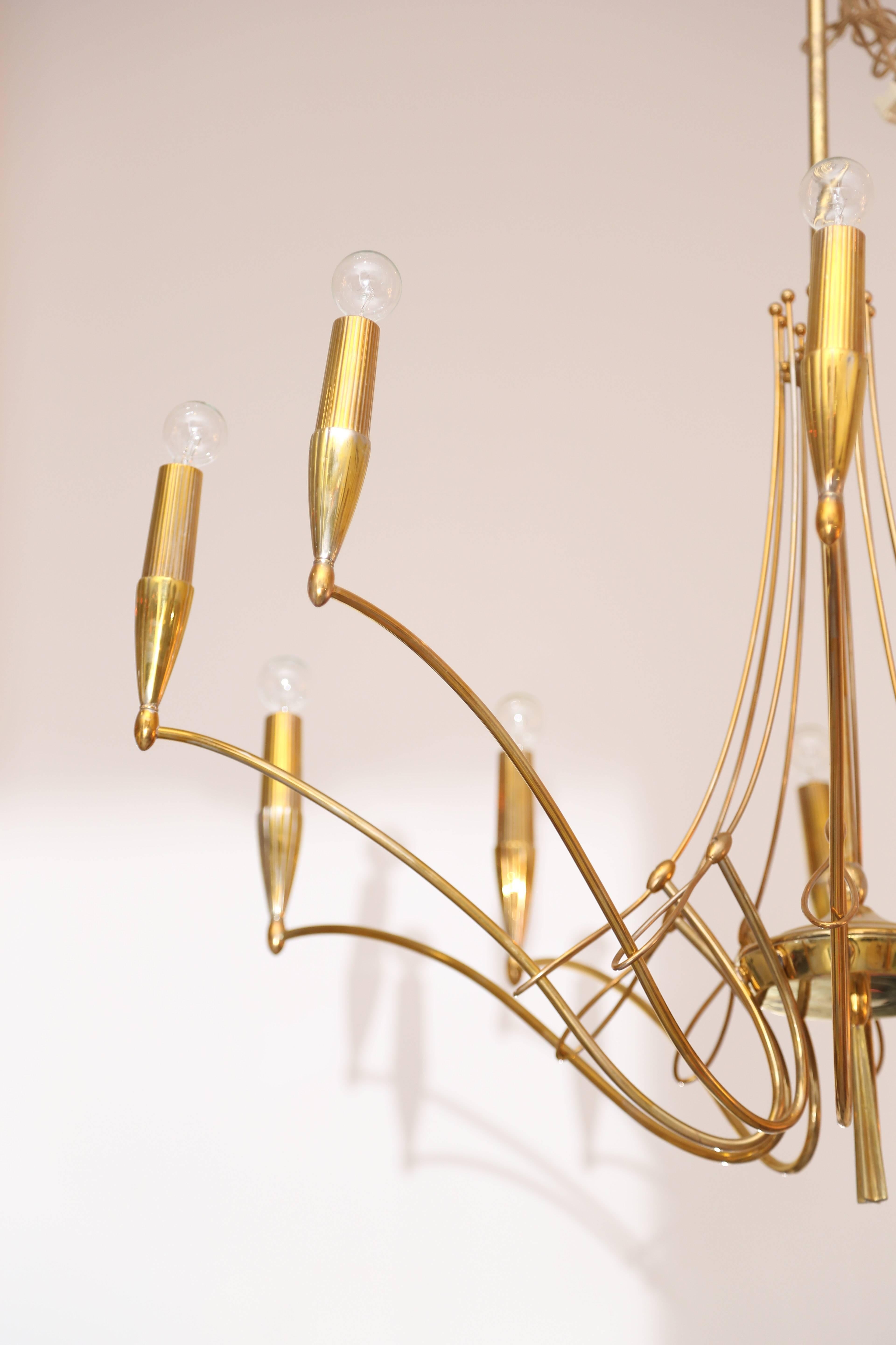 Italian Brass Calligraphic Mid-Century Modern Brass Chandelier For Sale