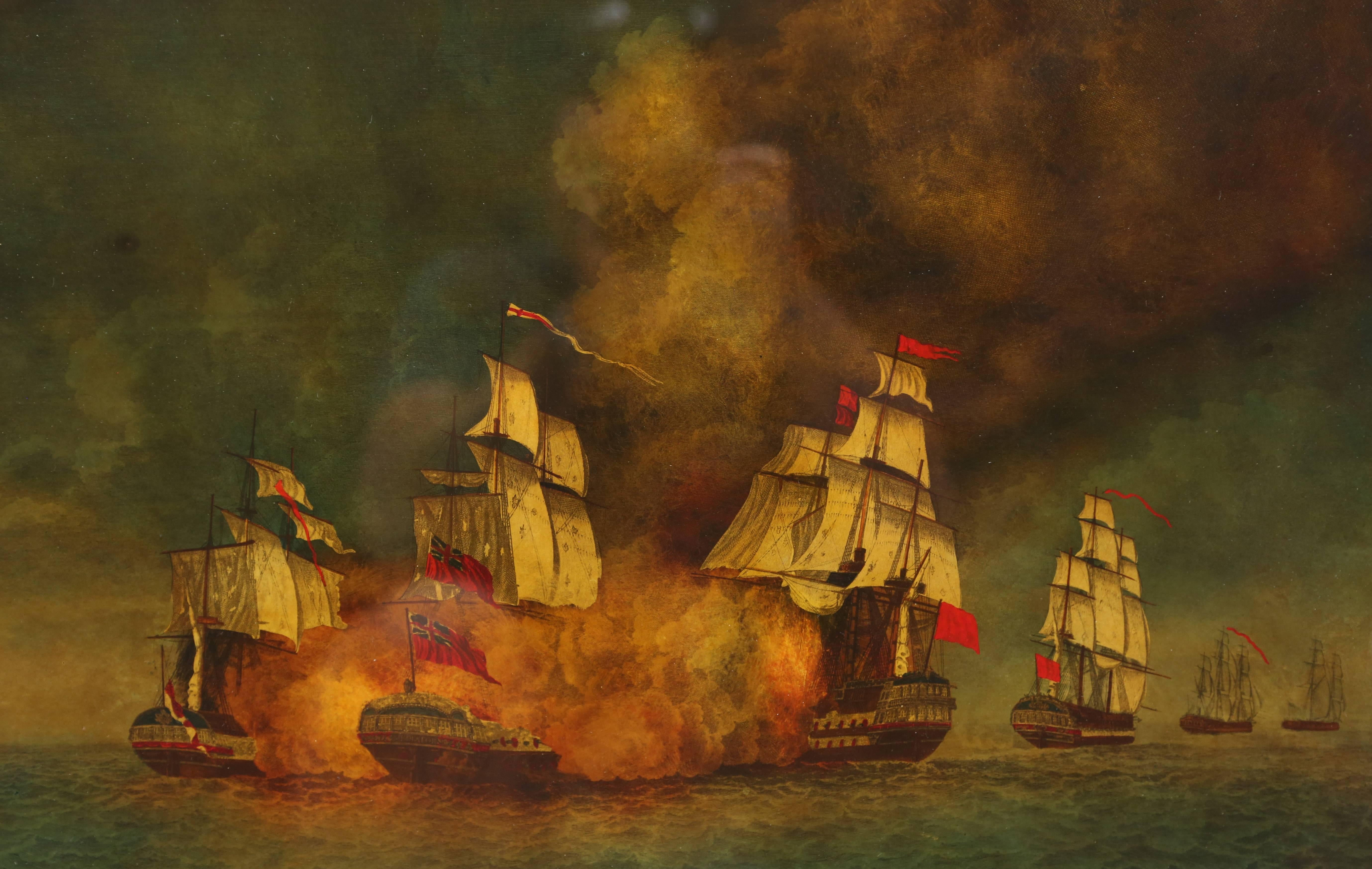 Reverse painted maritime image depicting a historic naval battle during the Napoleonic wars known as the battle of Aix roads. Dark and moody this reverse painted image commemorates the fireships of the English led by Captain Lord Cochrane in his