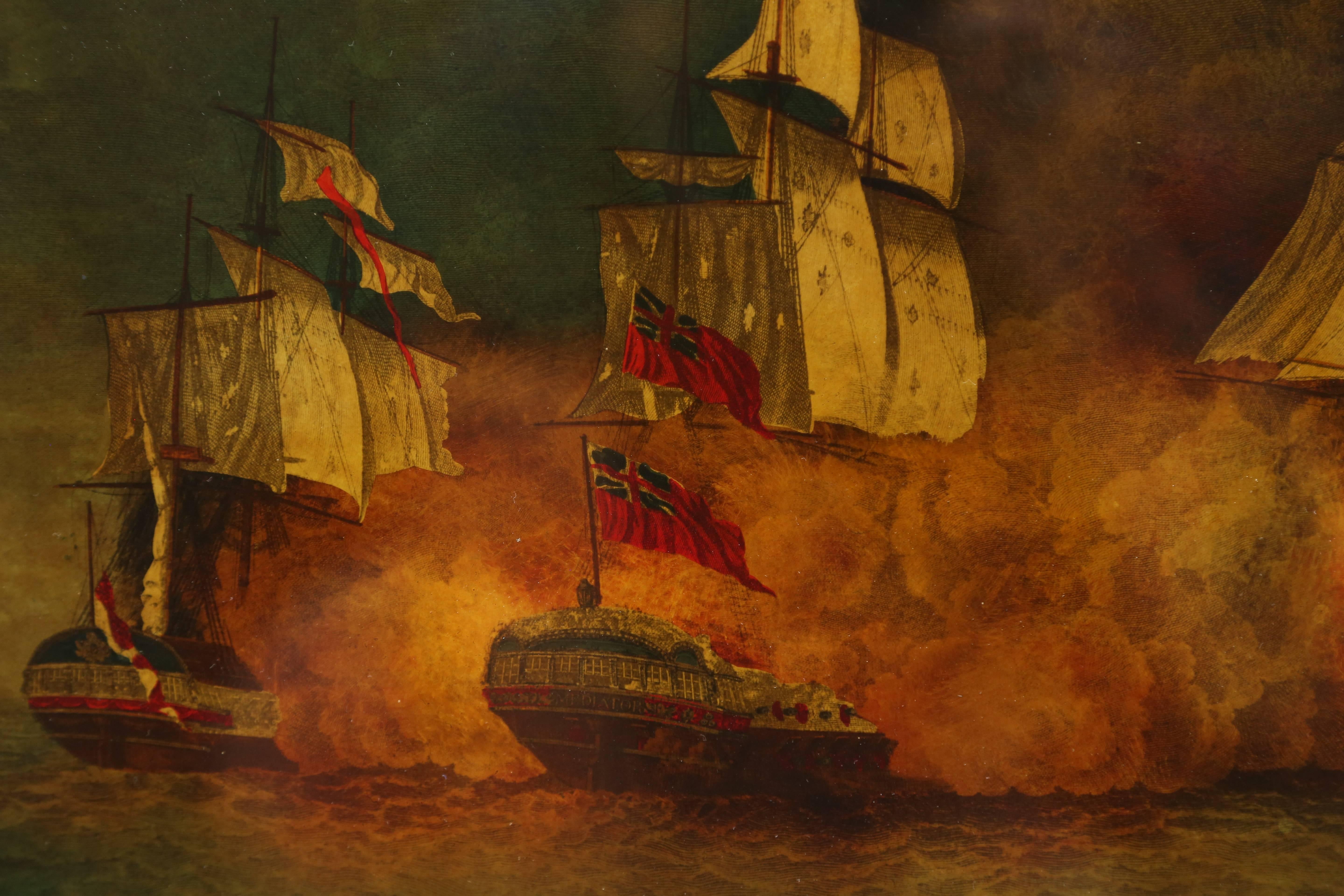 Napoleon Reverse Painted Ship Painting, Églomisé, Battle of Aix Roads For Sale