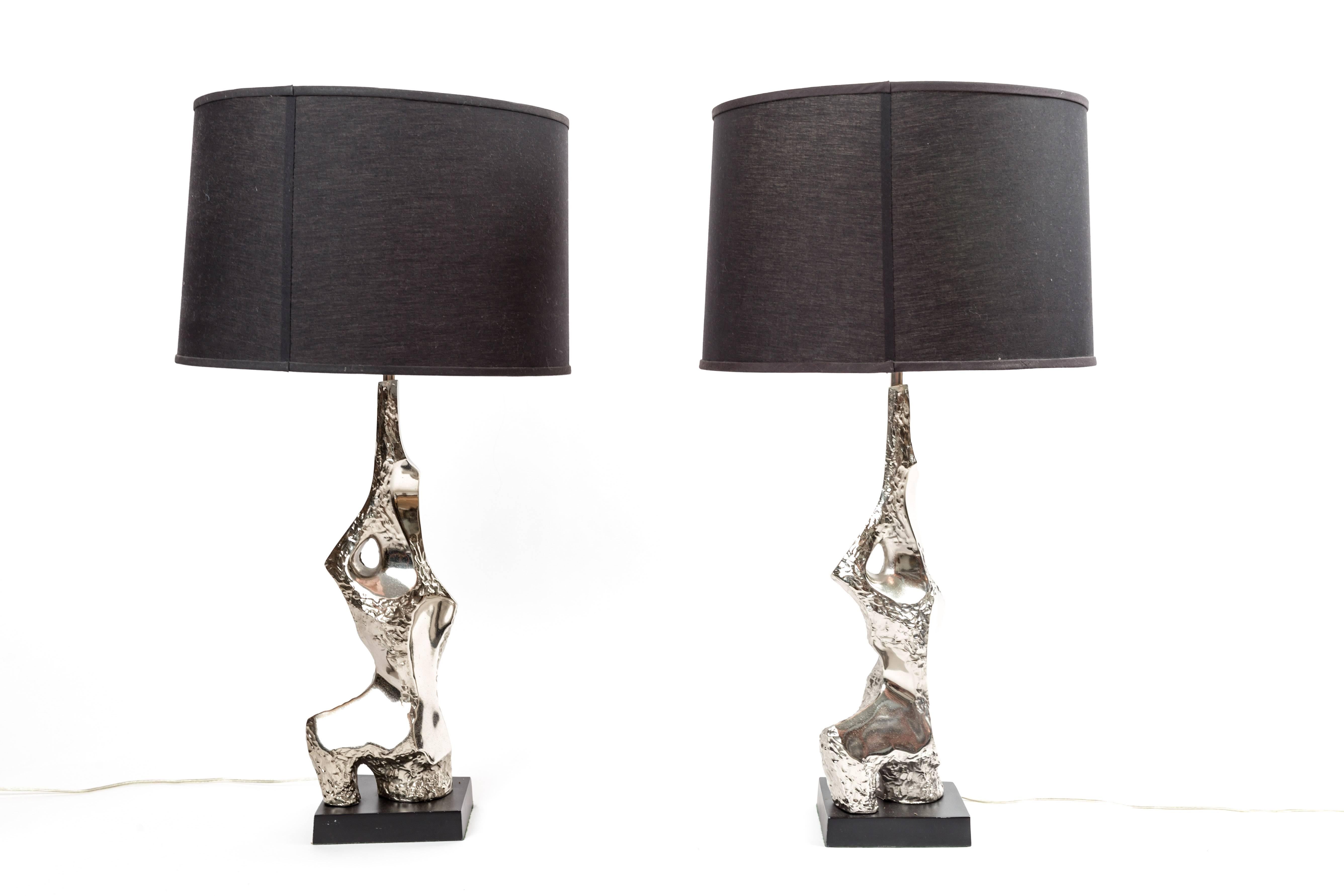 Pair of 1970s Silvered Brutalist Table Lamps by Richard Barr for Laurel Lamp Co. For Sale 3