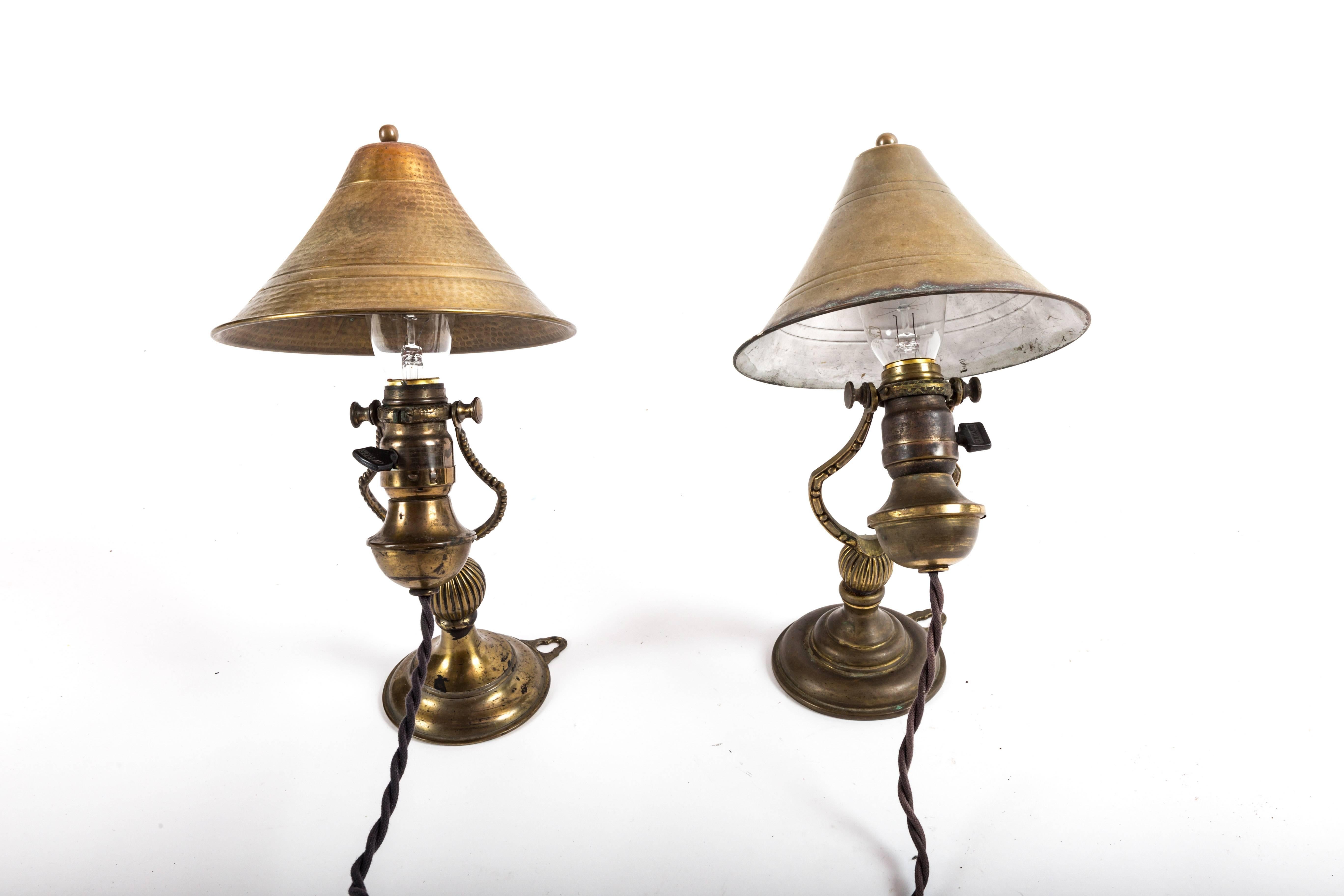 Pair of Aged Brass Wall Sconces with Brass Shades For Sale 5