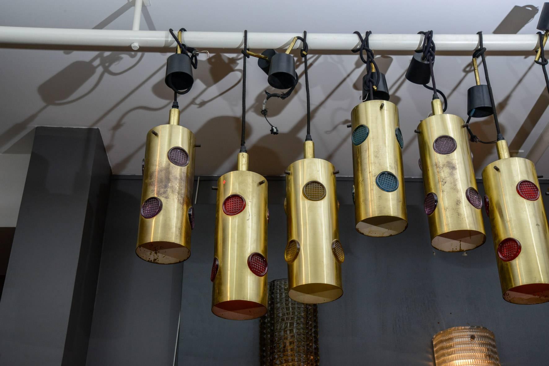 Mid-Century Modern Height Brass and Colored Glass Lenses Small Lanterns For Sale