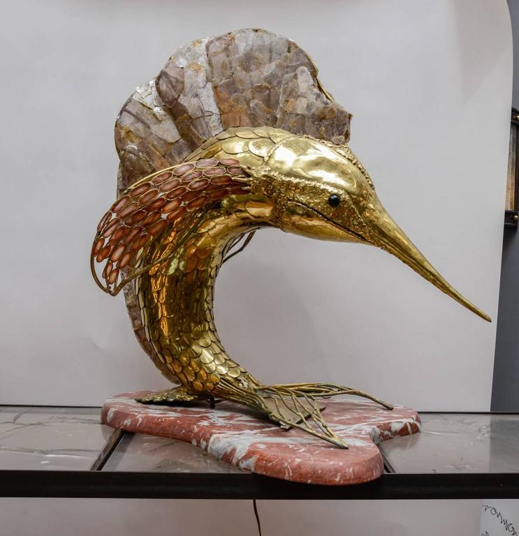 Unique Brass Mica and Marble Swordfish Lightning Sculpture at 1stDibs