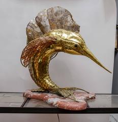Unique Brass Mica and Marble Swordfish Lightning Sculpture