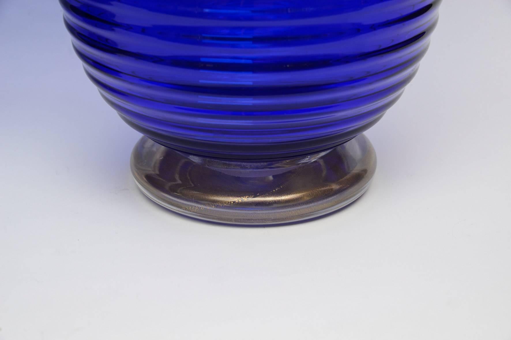Italian Pair of Vases in Blue Murano Glass Signed by Toso