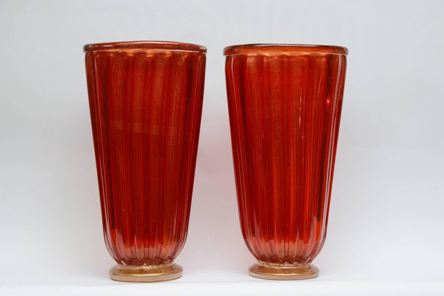 Pair of vases in red and gold Murano glass signed by Toso.