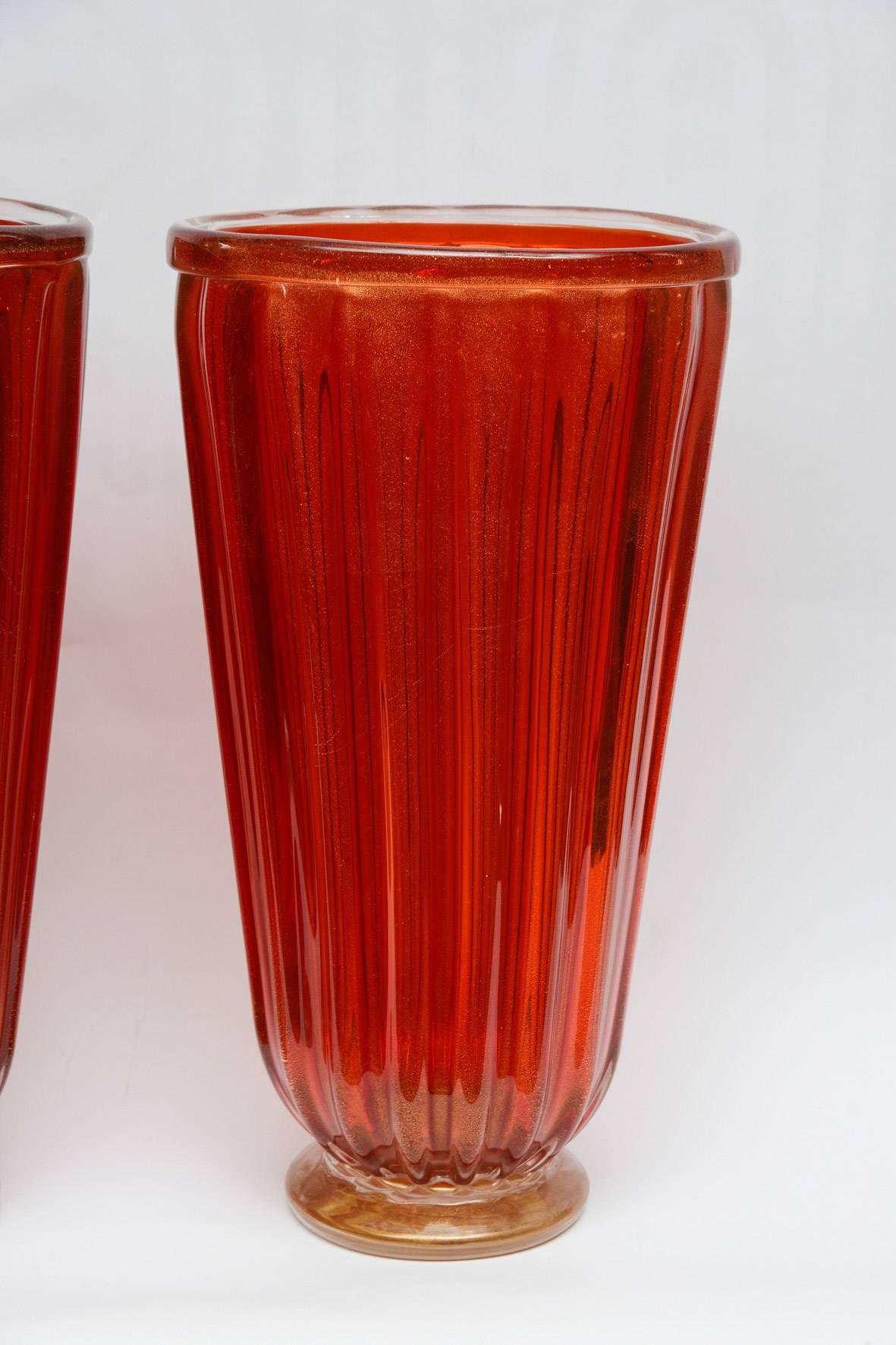Italian Pair of Vases in Red and Gold Murano Glass Signed by Toso