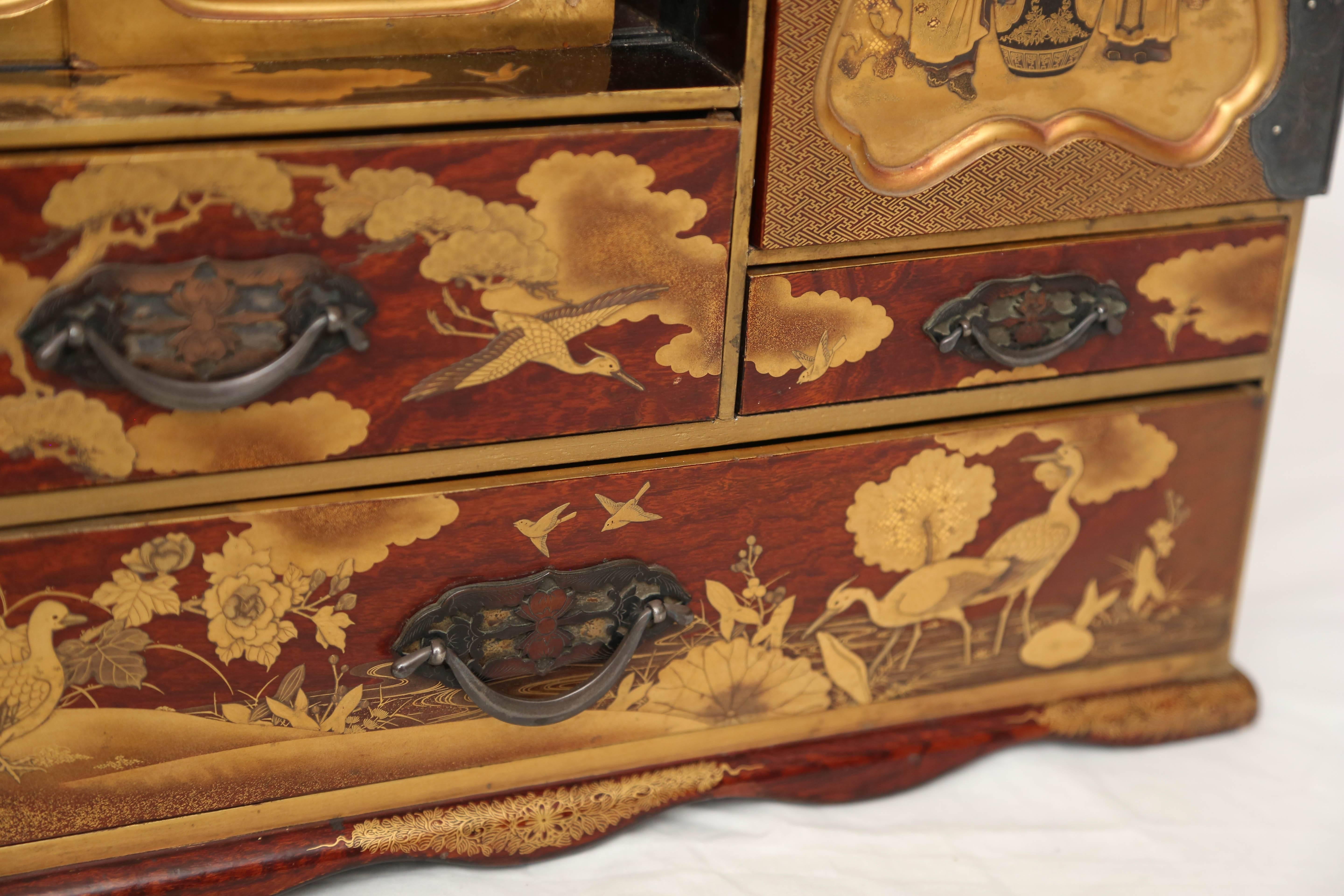 19th Century Beautiful Japanese Keyaky Elm Kodansu Jewelry Gilt Box
