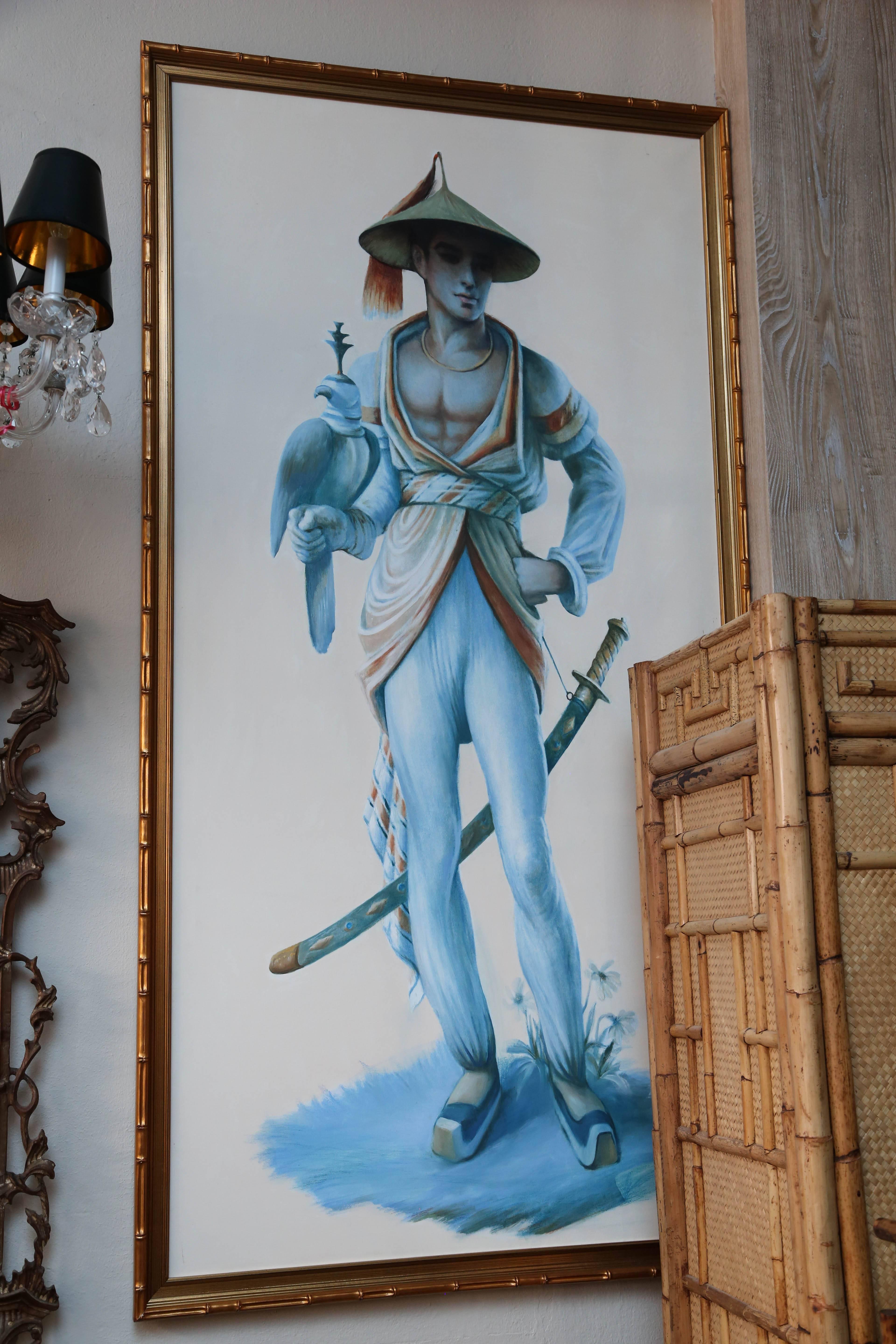 Brilliantly painted chinoiserie pair of murals from an iconic Palm Beach mansion. These are opposing figures - not mirror images - note different faces and slightly different builds. 
A brilliantly imaginative and fantastic pair in giltwood faux