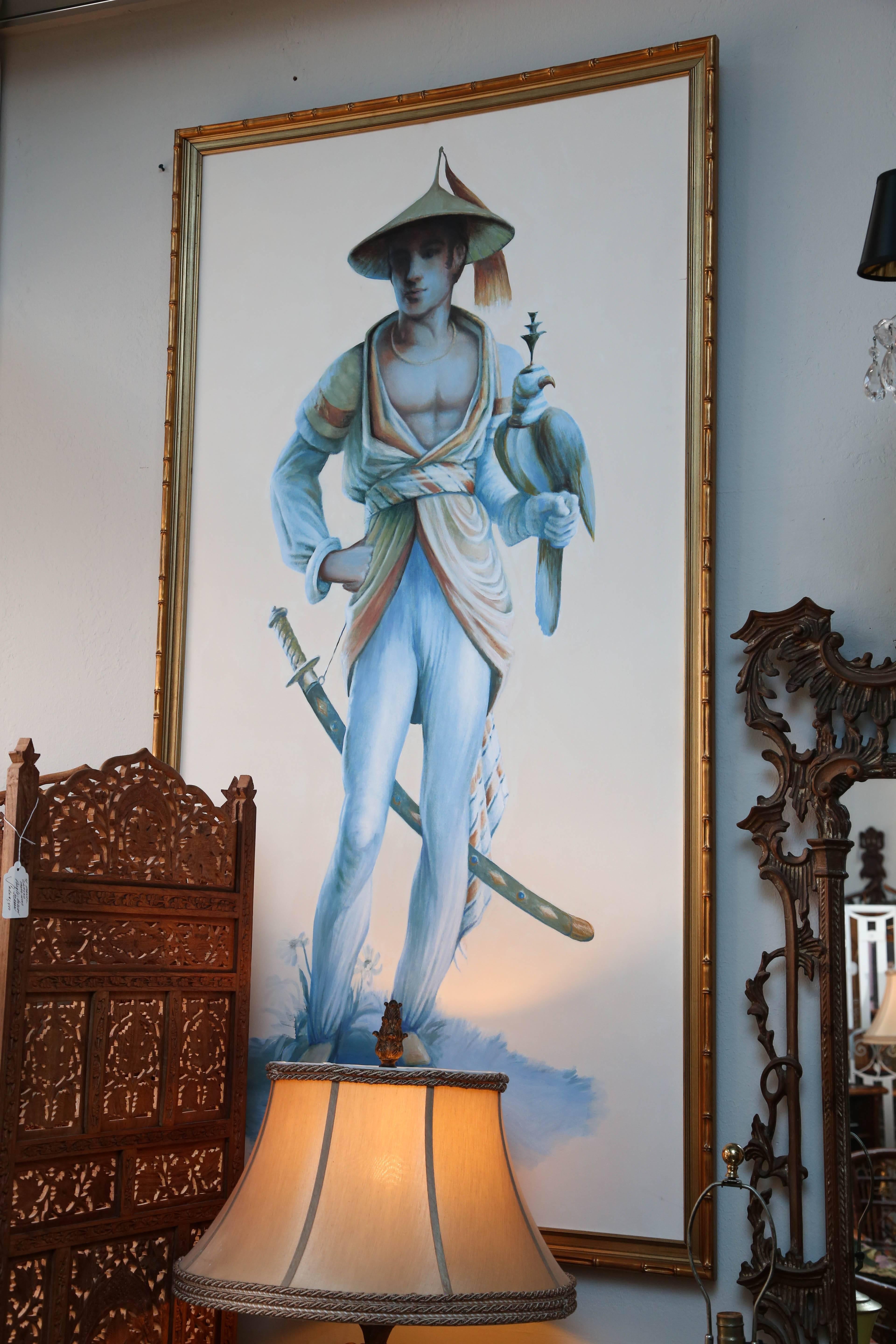 American Pair of Majestic Life Size  Chinoiserie Paintings of Falconers
