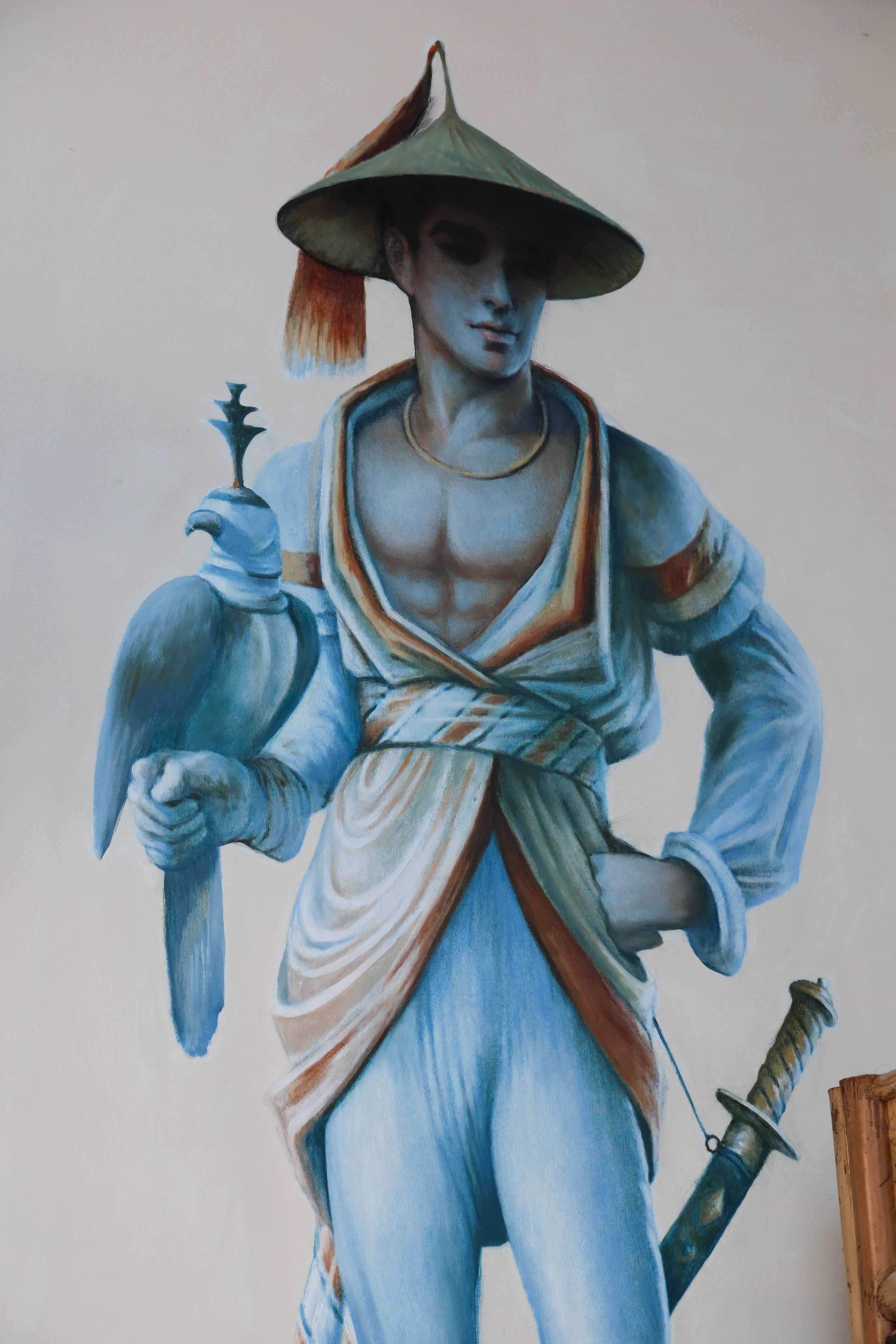 Pair of Majestic Life Size  Chinoiserie Paintings of Falconers In Good Condition In West Palm Beach, FL