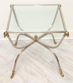 Pair of Jansen Style Steel and Brass Ram's Head End Tables