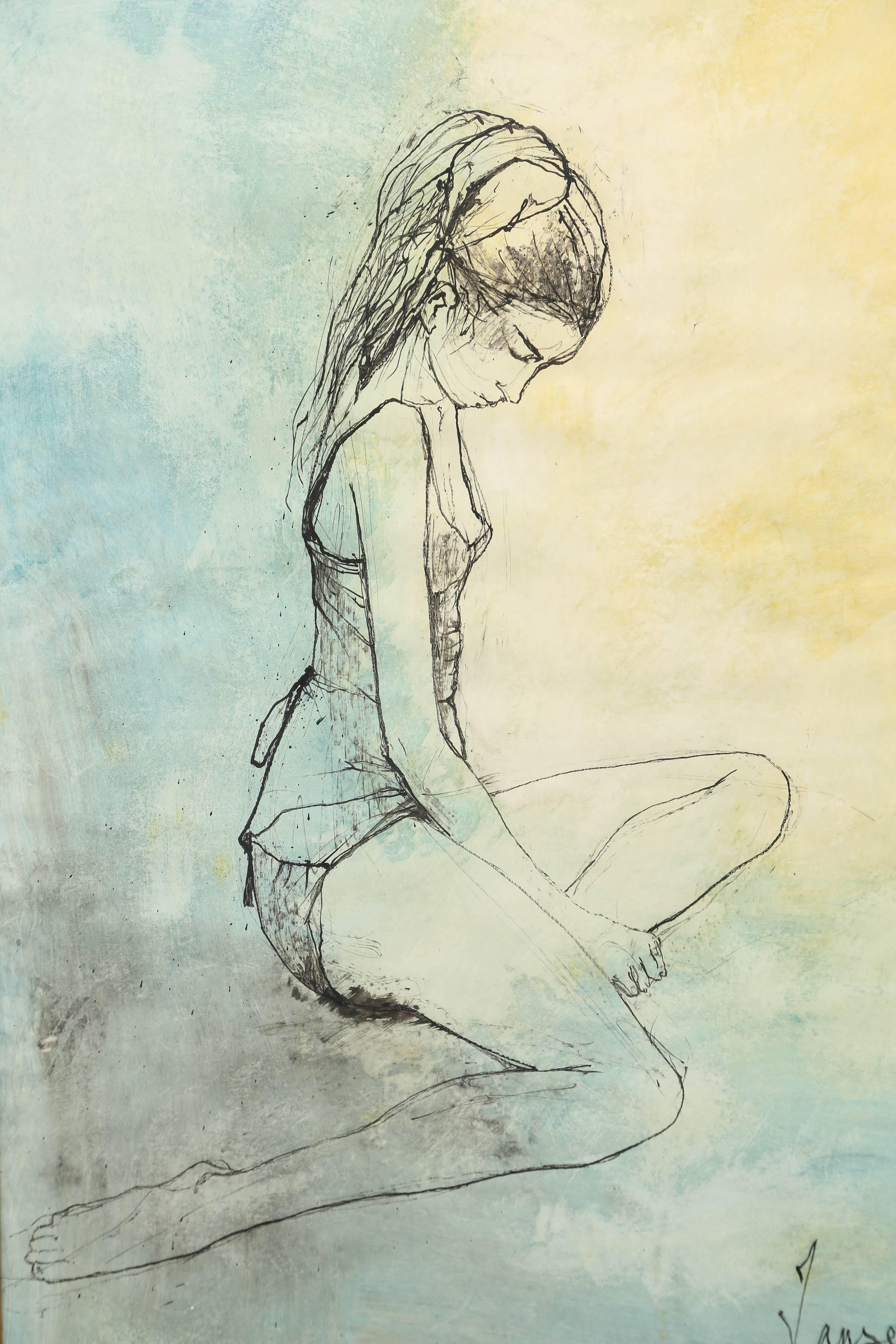 Ink and watercolor painting of a pensive seated ballerina by the French-Armenian artist, Jean Jansem (1920-2013). Provenance, Wally Findlay Gallery, Palm Beach.