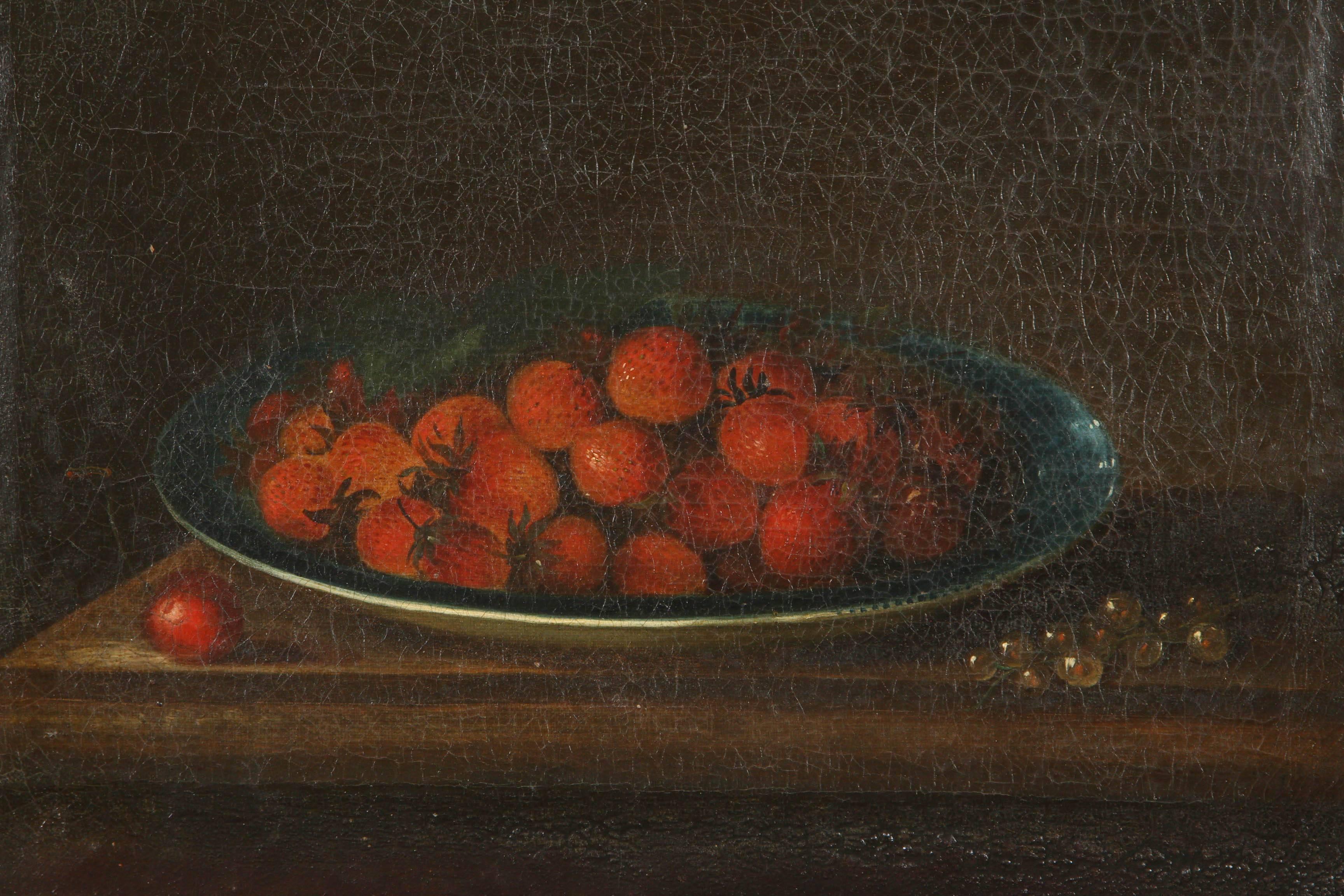 A pair of 17th century unsigned oil on canvas framed European fruit still life paintings. Each still life painting depicts a different fruit. One is of cherries and the other of strawberries. These paintings are newly framed and refurbished.