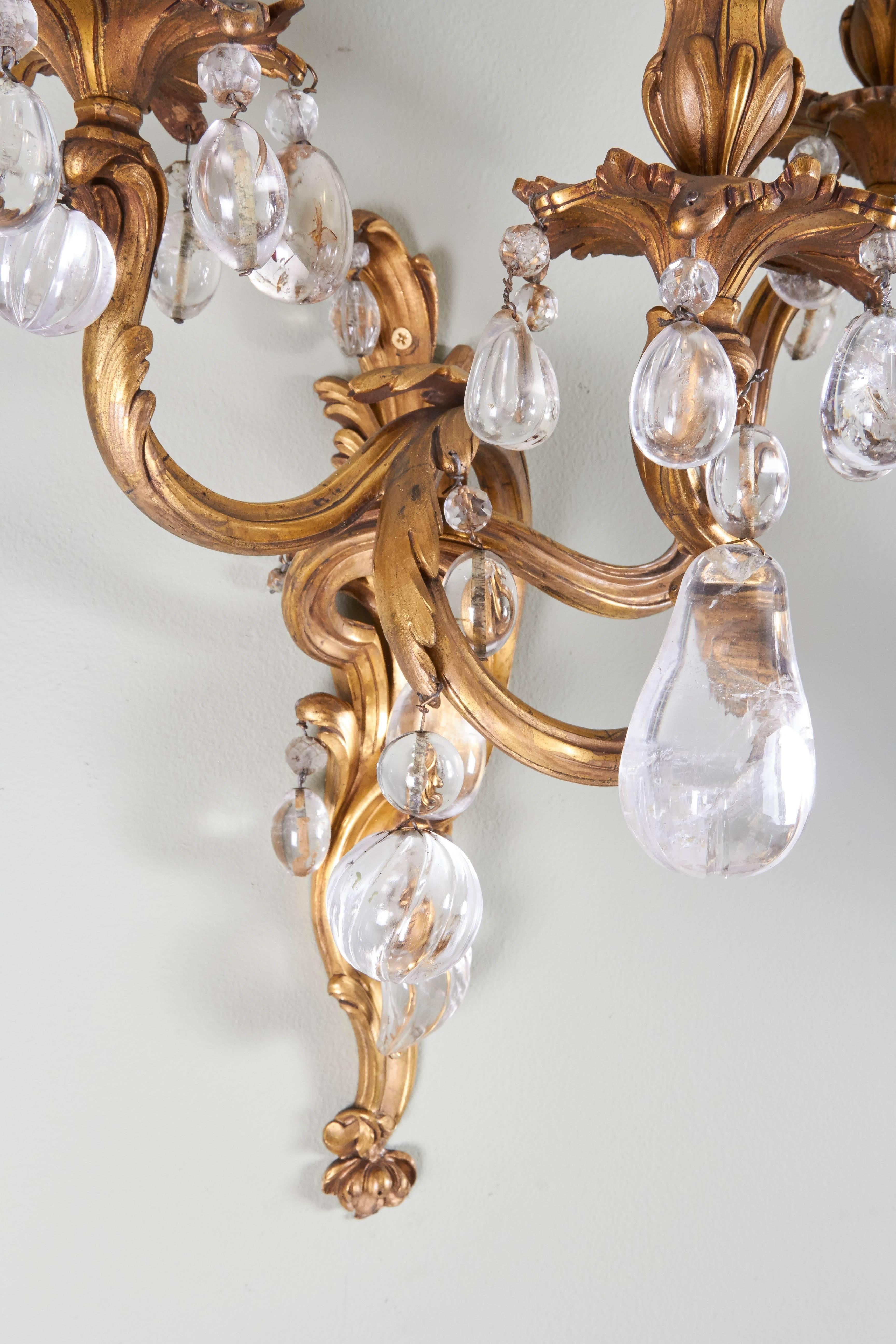 A Pair of Louis XV Style Bronze Dore and Rock Crystal Sconces  In Excellent Condition For Sale In New York, NY