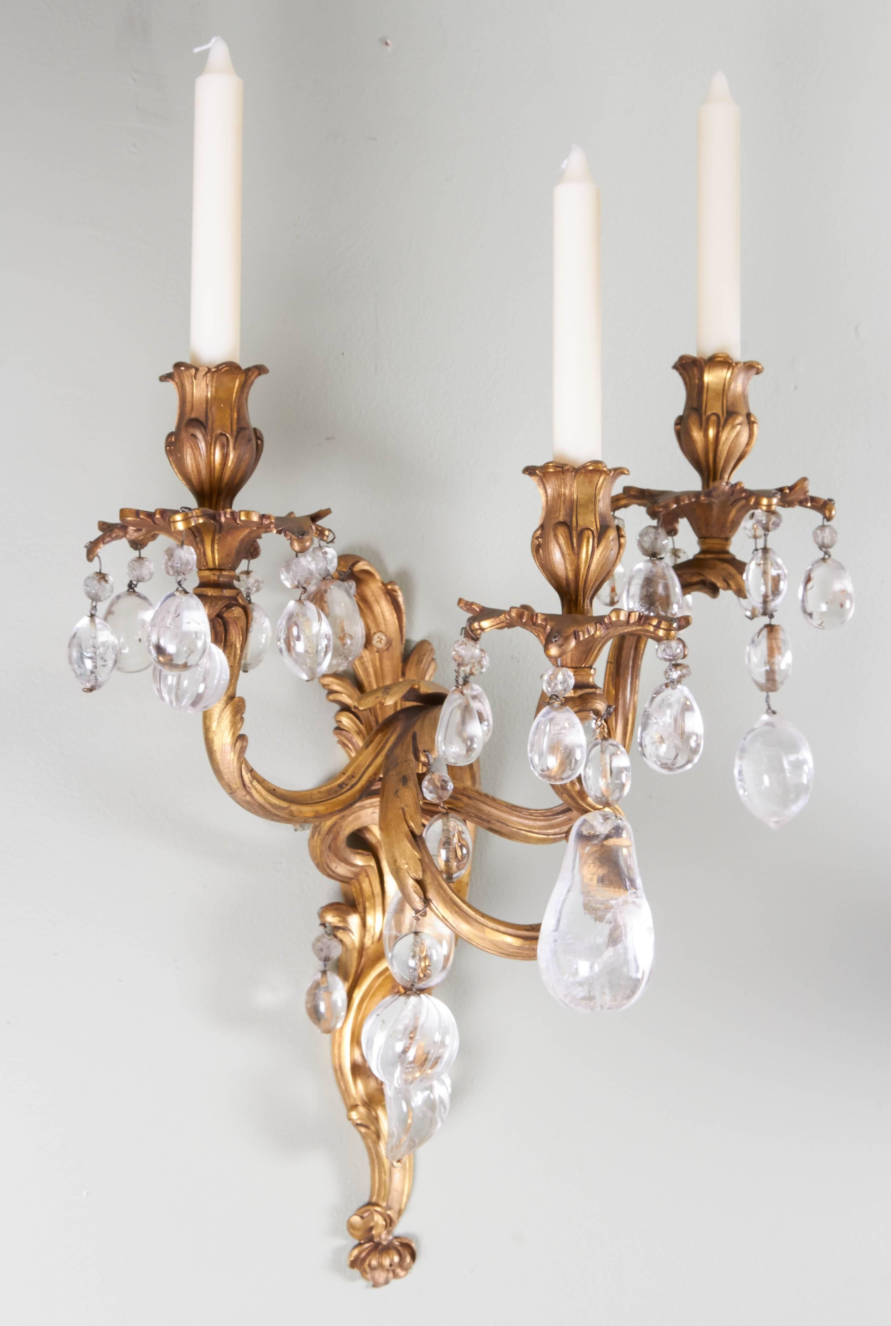 19th Century A Pair of Louis XV Style Bronze Dore and Rock Crystal Sconces  For Sale