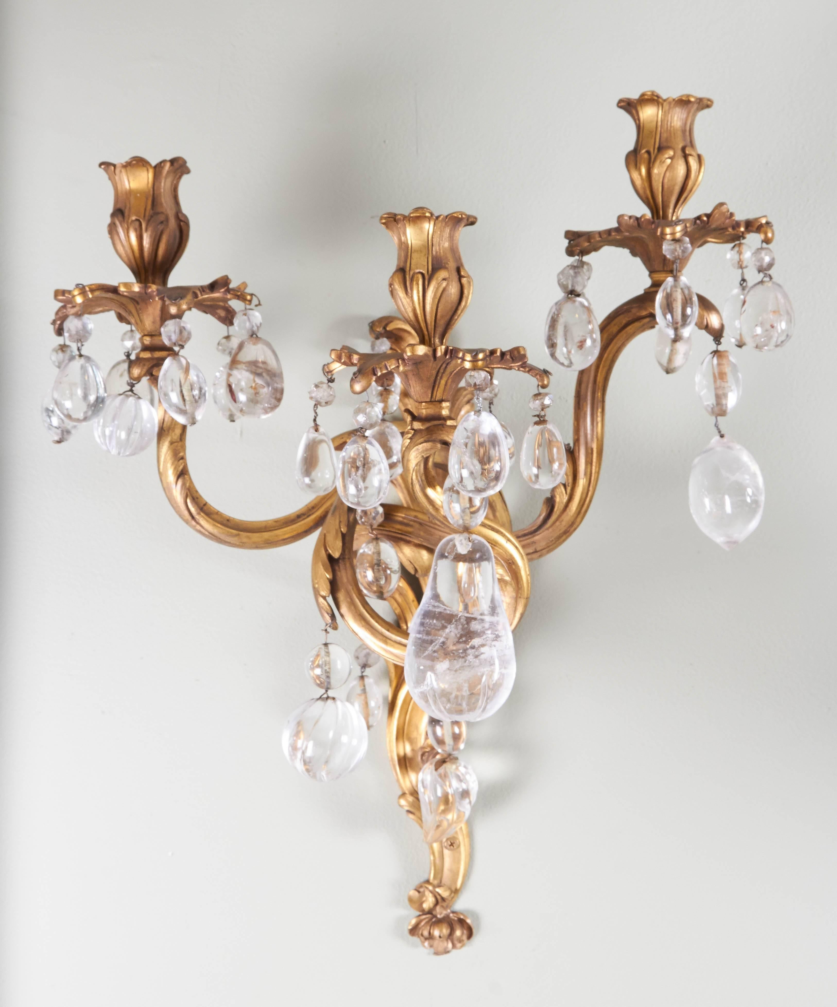 A Pair of Louis XV Style Bronze Dore and Rock Crystal Sconces  For Sale 1