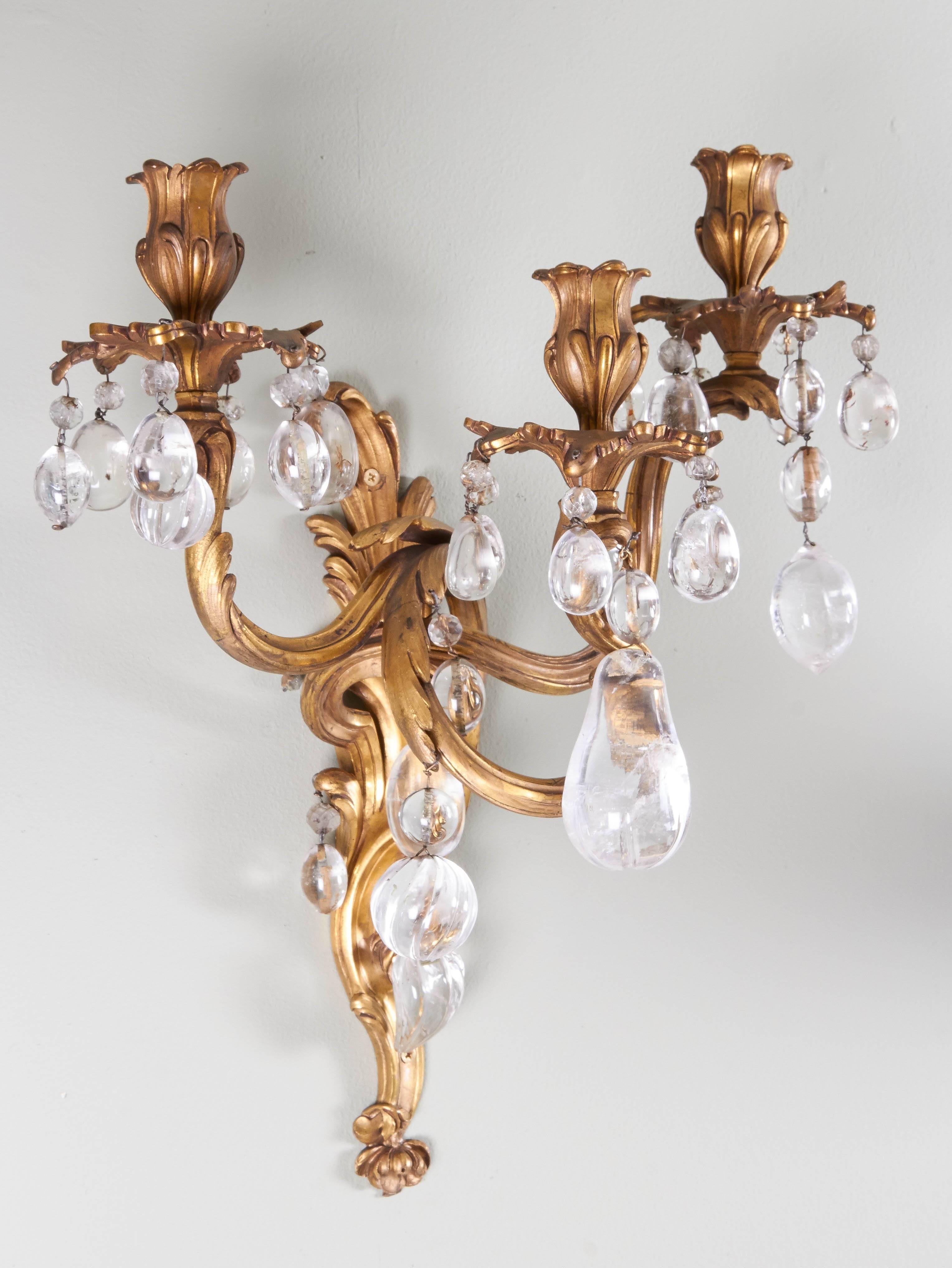 A Pair of Louis XV Style Bronze Dore and Rock Crystal Sconces  For Sale 2
